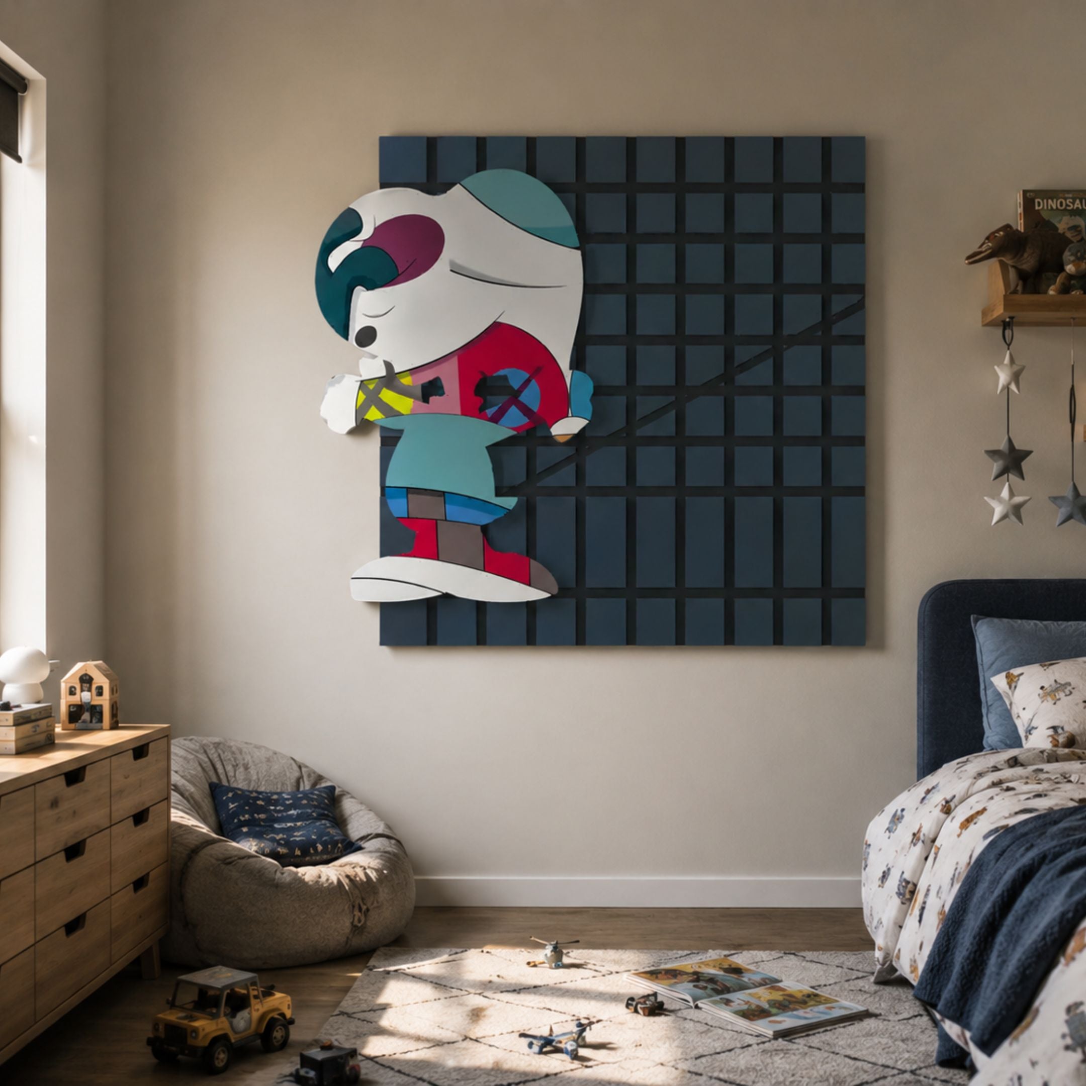 Snoopy Gridz Cyan Walker Night 3D Wall Art by Giant Sculptures displayed in a kids' bedroom above a beanbag, between a wooden dresser and navy bed.