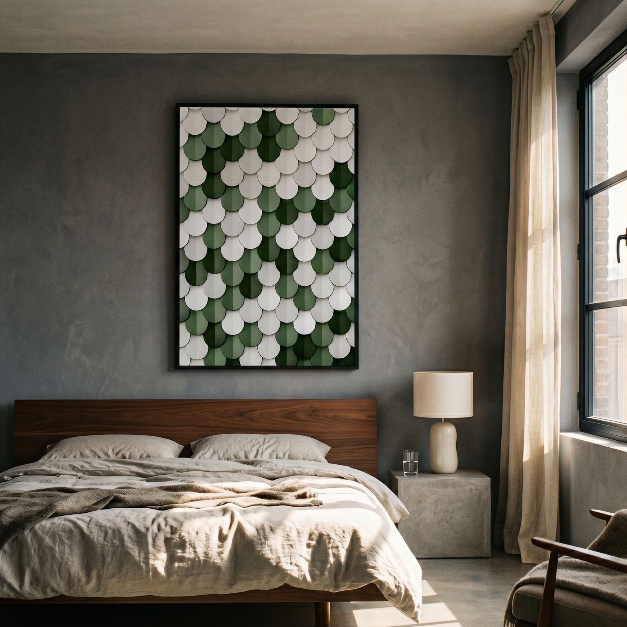 Scalara Green & White Vertical Acrylic 3D Wall Art in a black frame above a wooden bed with linen bedding, beside a concrete nightstand and lamp.