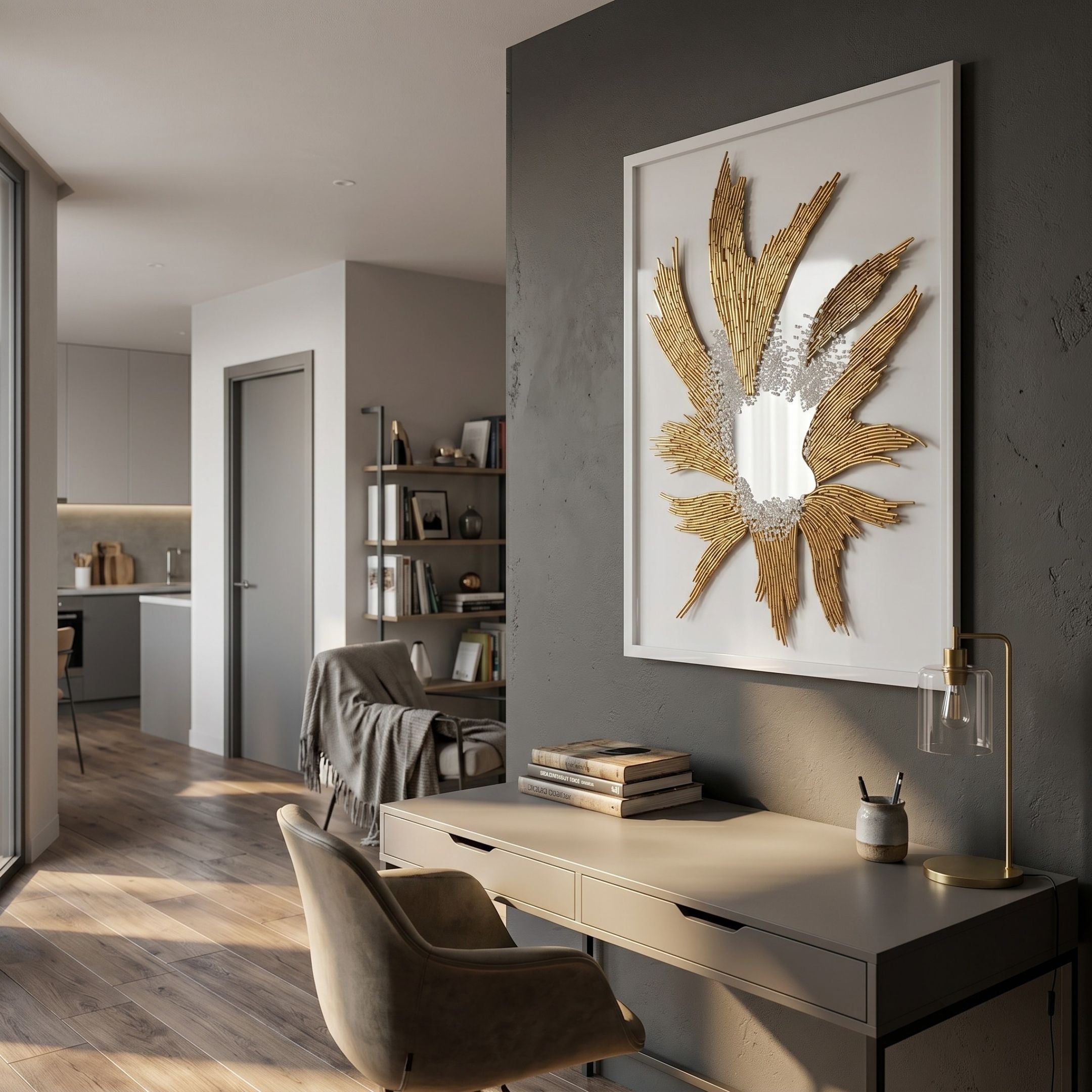 Lirien Crown Pearl Burst Gold Sculptural 3D Wall Art by Giant Sculptures mounted on a dark grey wall above a beige desk in a modern home office setting.