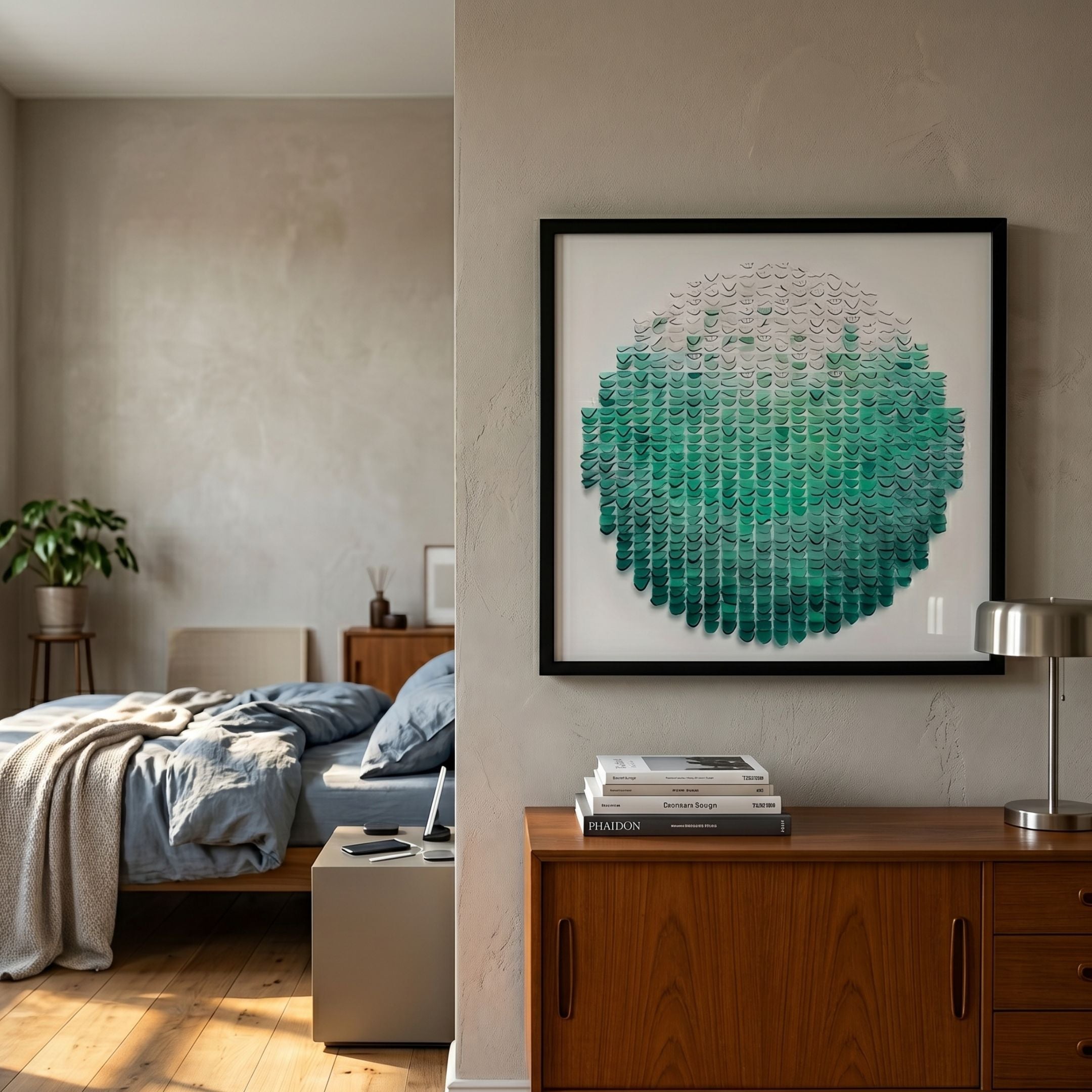 Montava Teal Gradient Round Acrylic 3D Wall Art by Giant Sculptures in a black frame on a beige bedroom wall above a wooden sideboard beside a blue-linen bed.