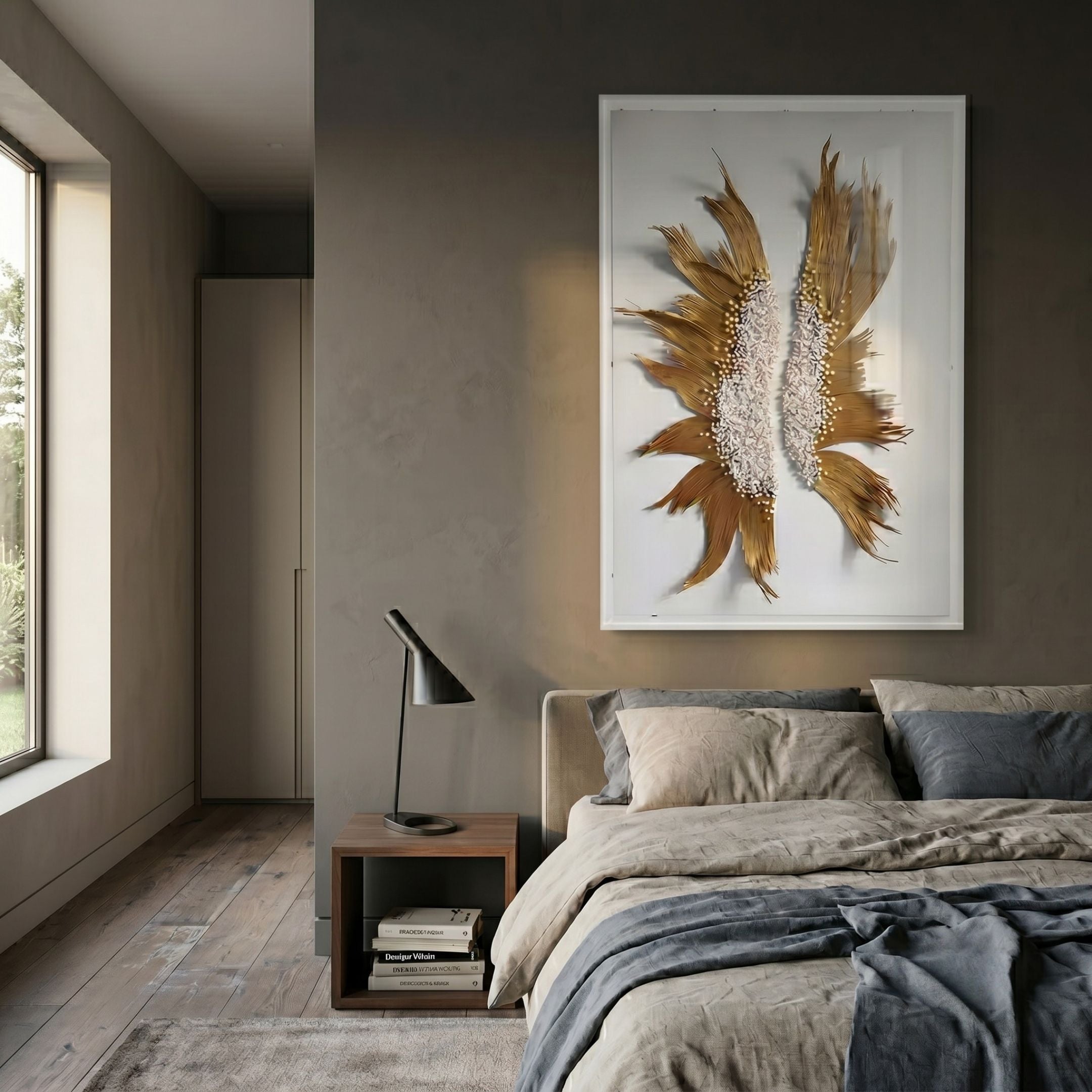 Lirien Twin Pearl Fronds Gold Sculptural 3D Wall Art by Giant Sculptures displayed above a bed with a walnut nightstand and lamp in a warm grey bedroom.