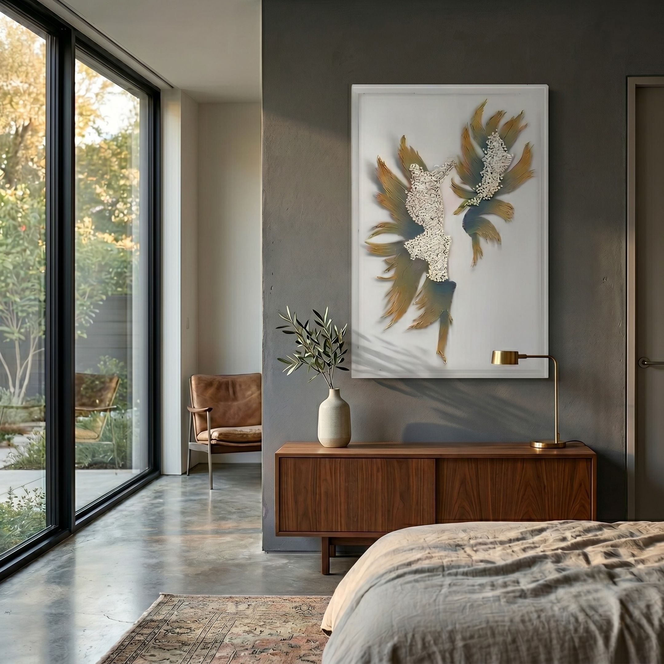 Lirien Pearl Fade Teal & Gold Sculptural 3D Wall Art by Giant Sculptures displayed above a walnut sideboard in a modern bedroom with garden views.