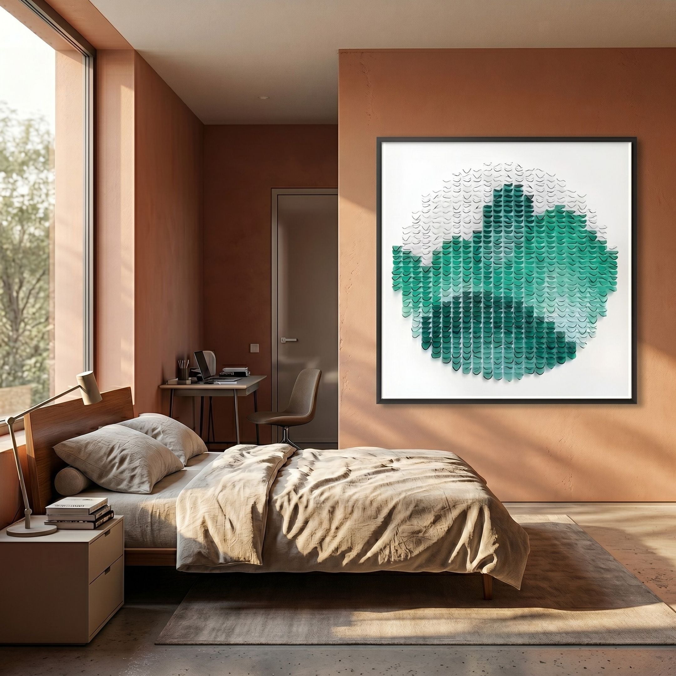 Montava Green & White Landscape Round Acrylic 3D Wall Art by Giant Sculptures displayed above a bed in a terracotta-walled bedroom with linen bedding and desk.