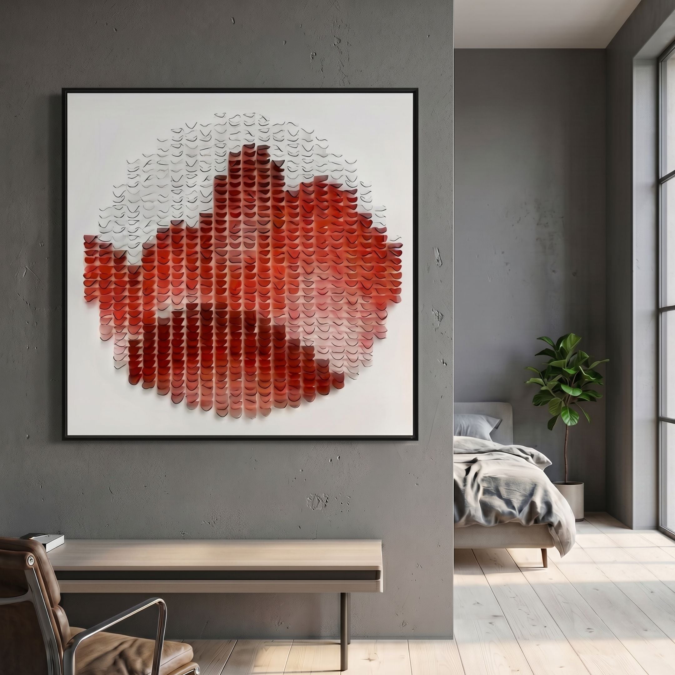 Montava Red Mountain Round Acrylic 3D Wall Art by Giant Sculptures displayed on a grey wall above a bench, with a bedroom visible beyond the partition.