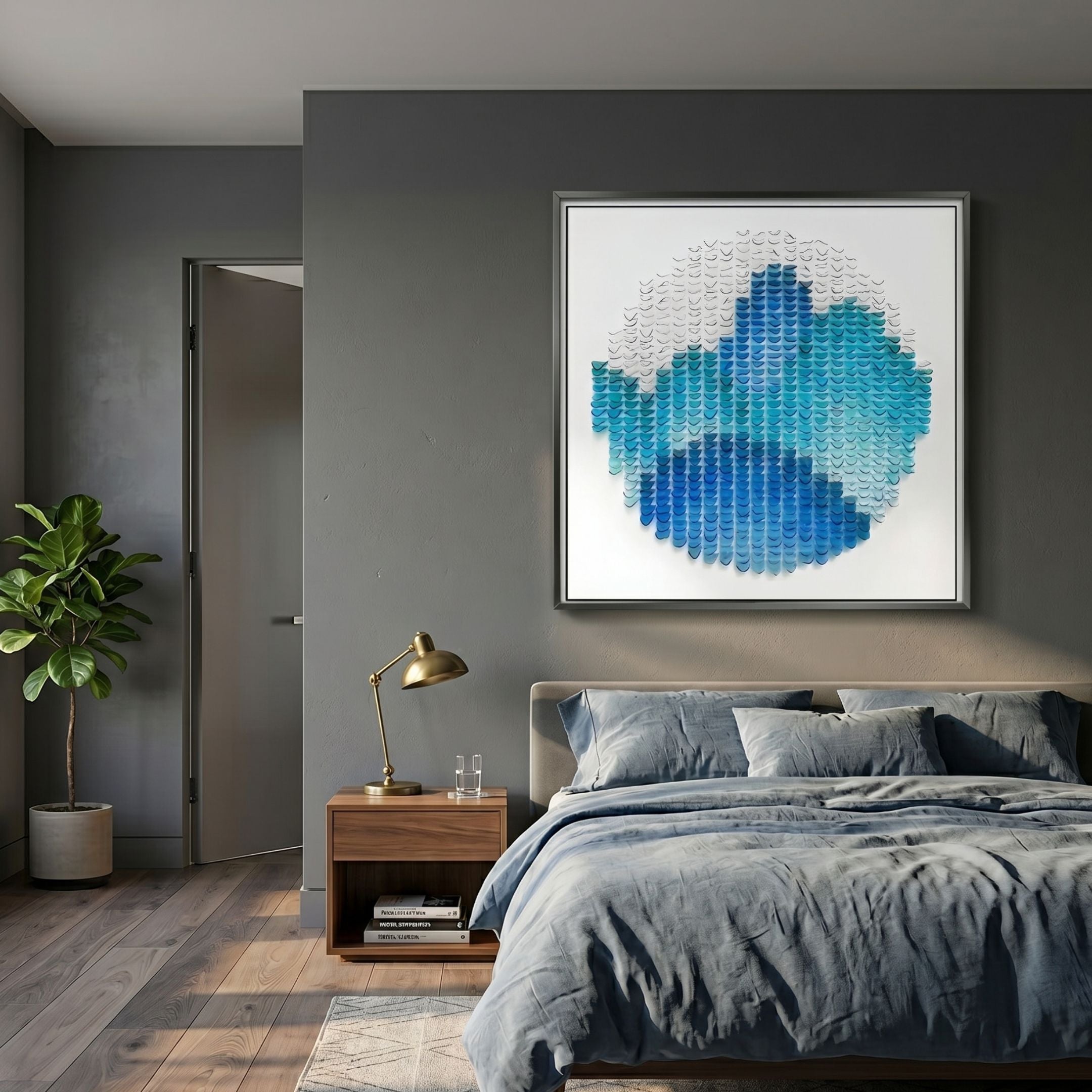 Montava Blue & White Landscape Round Acrylic 3D Wall Art by Giant Sculptures displayed above a bed with grey linens, brass lamp, and fiddle leaf plant.
