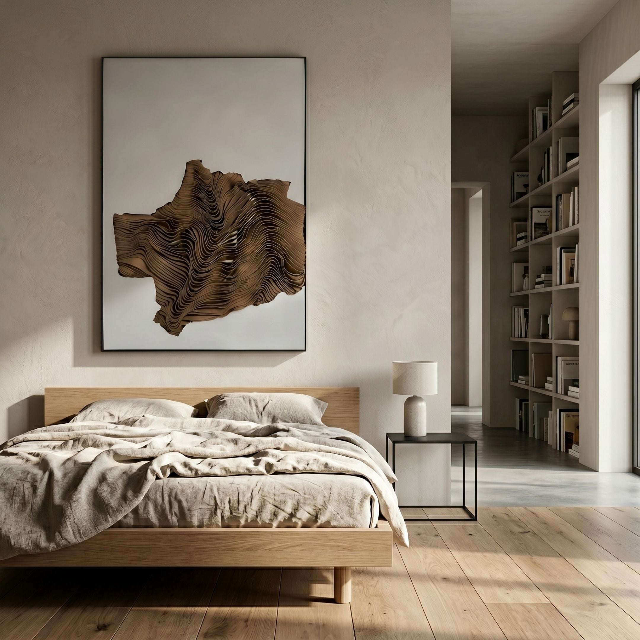 Ravelle Brown Crest Felt 3D Relief Wall Art by Giant Sculptures hung above a wooden bed with linen bedding in a minimalist bedroom beside a tall bookshelf.