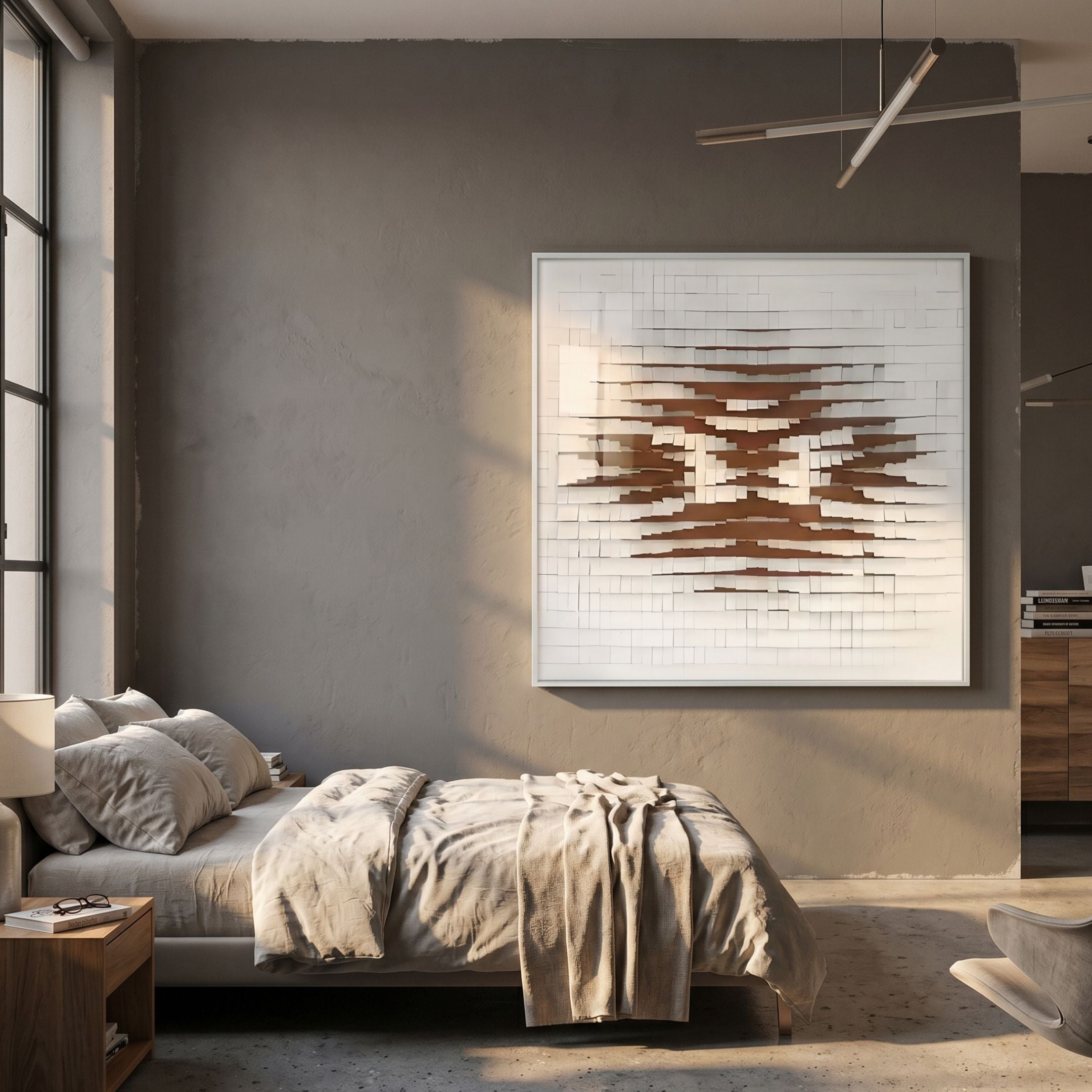 Echovia Bronze Linear Square Acrylic 3D Wall Art by Giant Sculptures displayed above a linen-dressed bed in a warm grey loft-style bedroom.