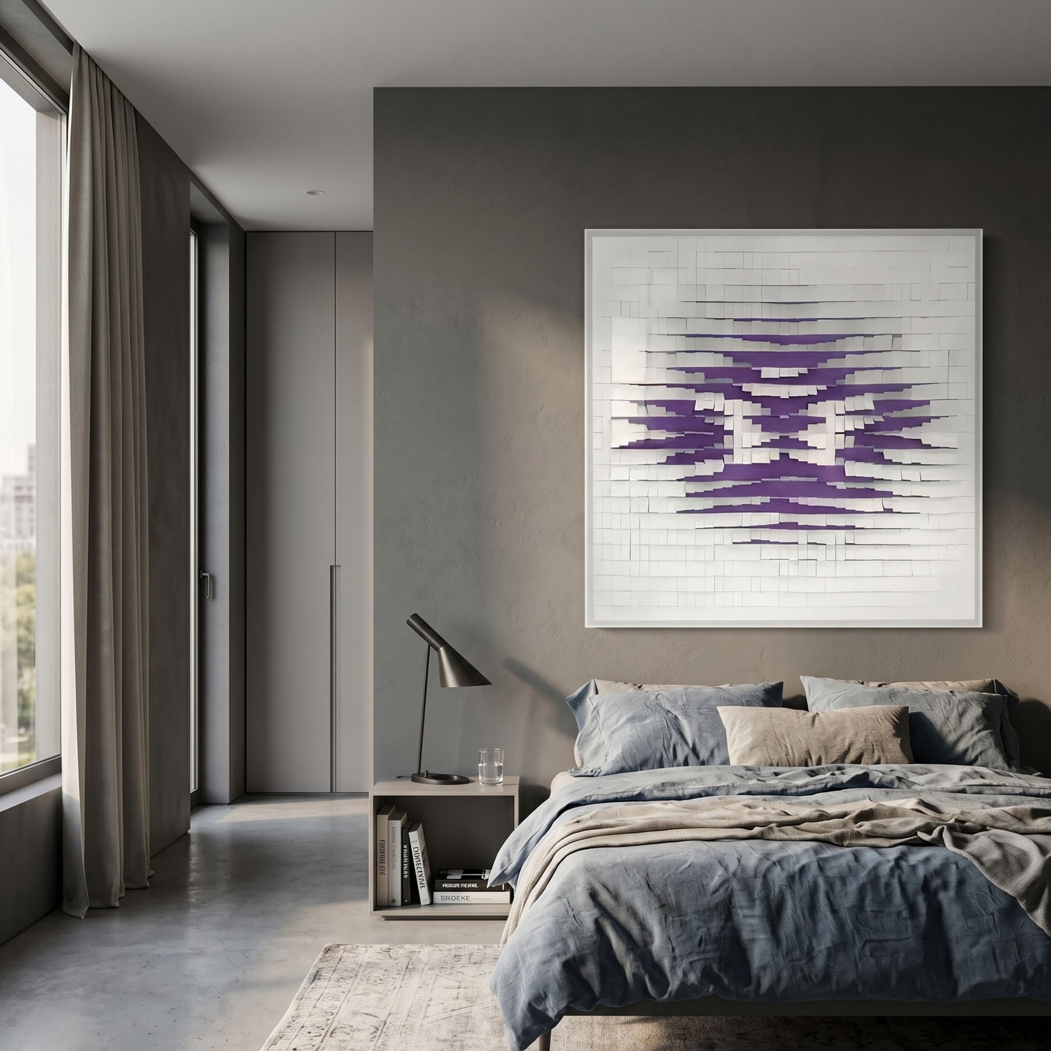 Echovia Violet Linear Square Acrylic 3D Wall Art mounted above a bed with grey linen bedding in a modern bedroom with concrete floor and curtained window.