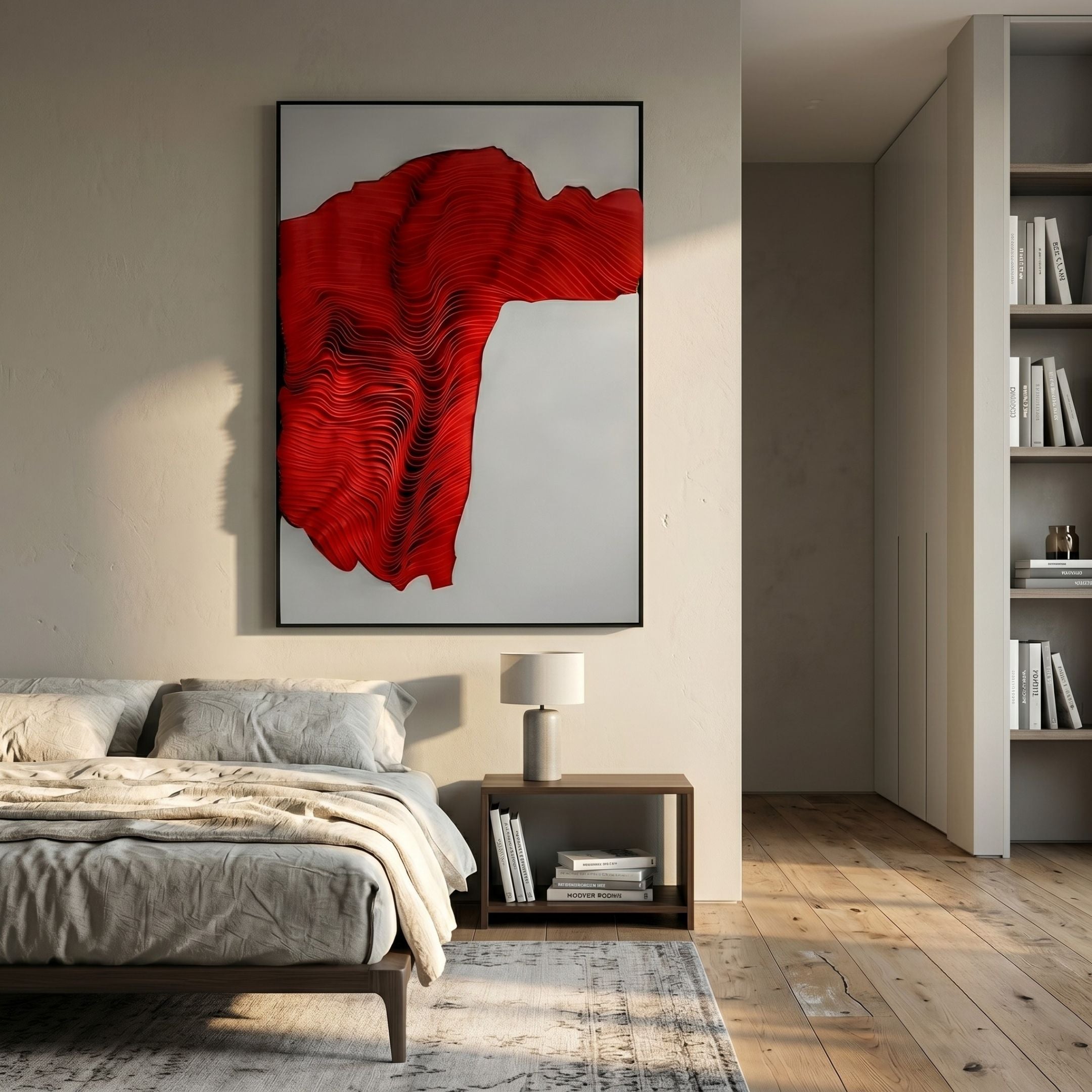 Ravelle Red Contour Felt 3D Relief Wall Art by Giant Sculptures displayed above a wooden nightstand in a modern bedroom with linen bedding and a bookshelf.
