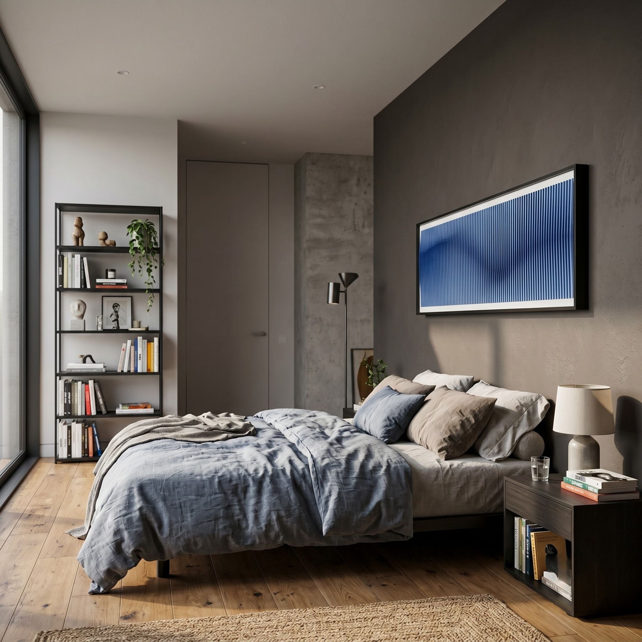 Flutine Deep Blue Wave Gradient Acrylic 3D Wall Art by Giant Sculptures displayed above a bed in a modern bedroom with a black bookshelf and wooden floor.