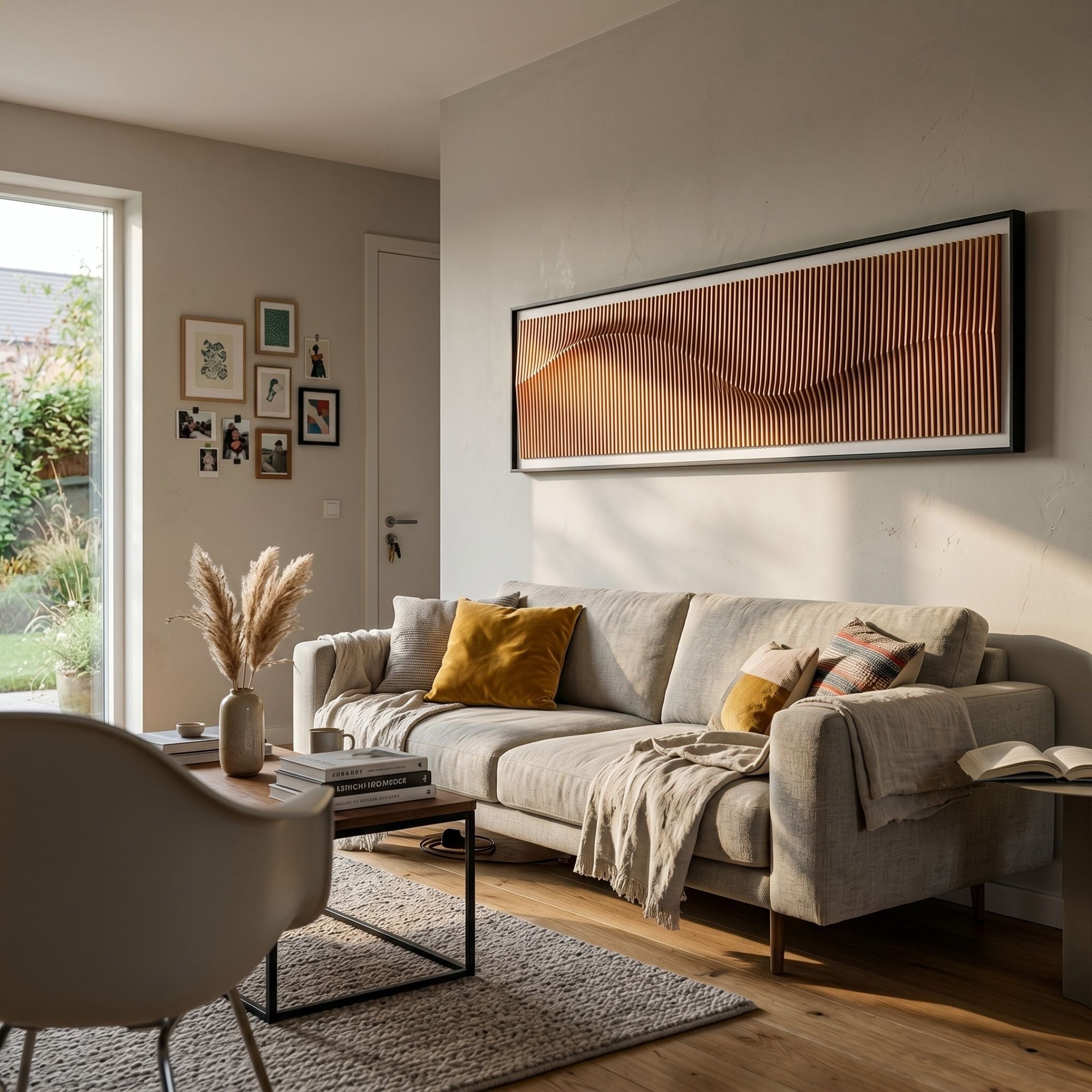 Flutine Amber Wave Gradient Acrylic 3D Wall Art by Giant Sculptures mounted above a beige sofa with mustard cushions in a sunlit modern living room.
