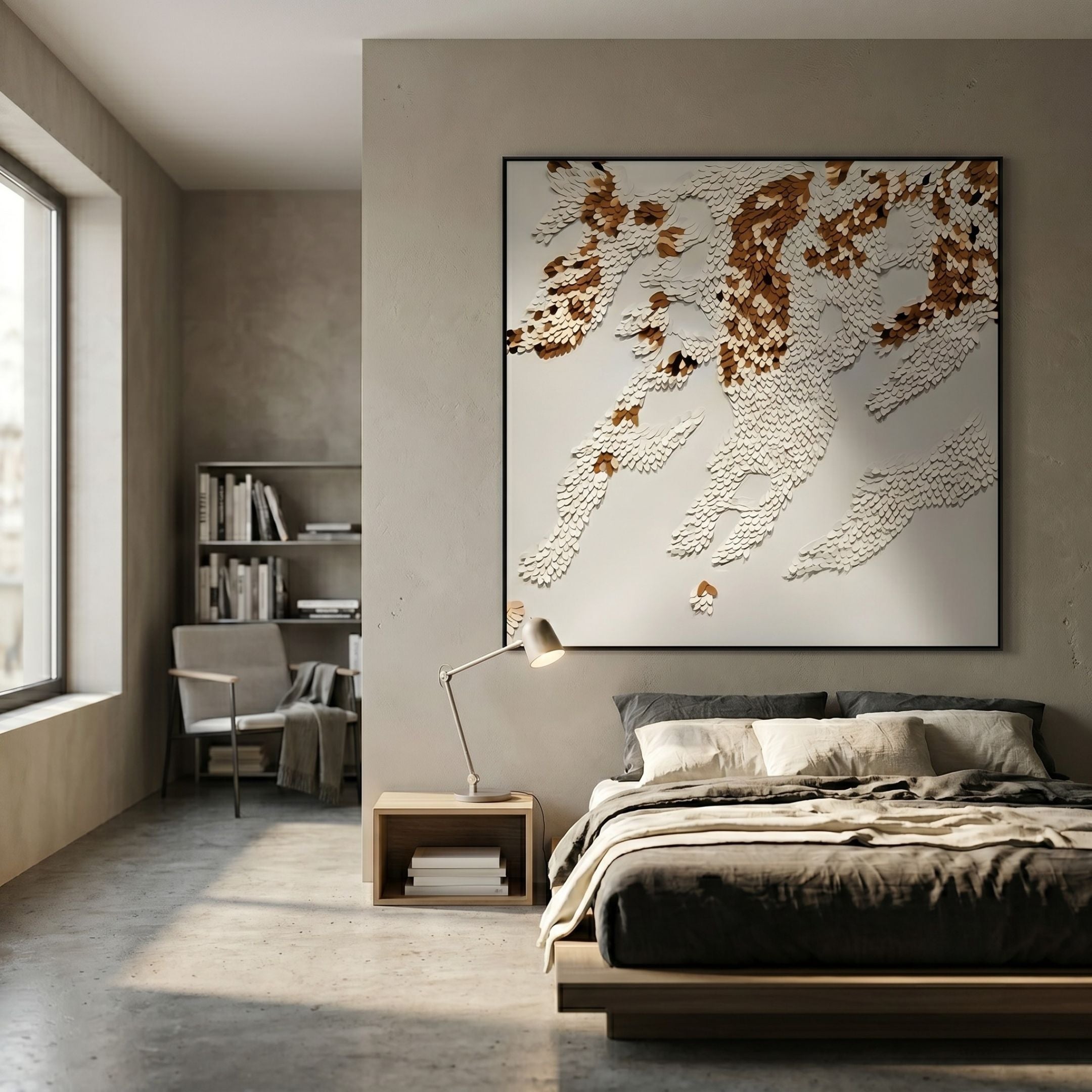 Pellora White & Ochre Leather Scale 3D Wall Art mounted above a low platform bed in a minimalist bedroom with concrete floors and a reading nook.