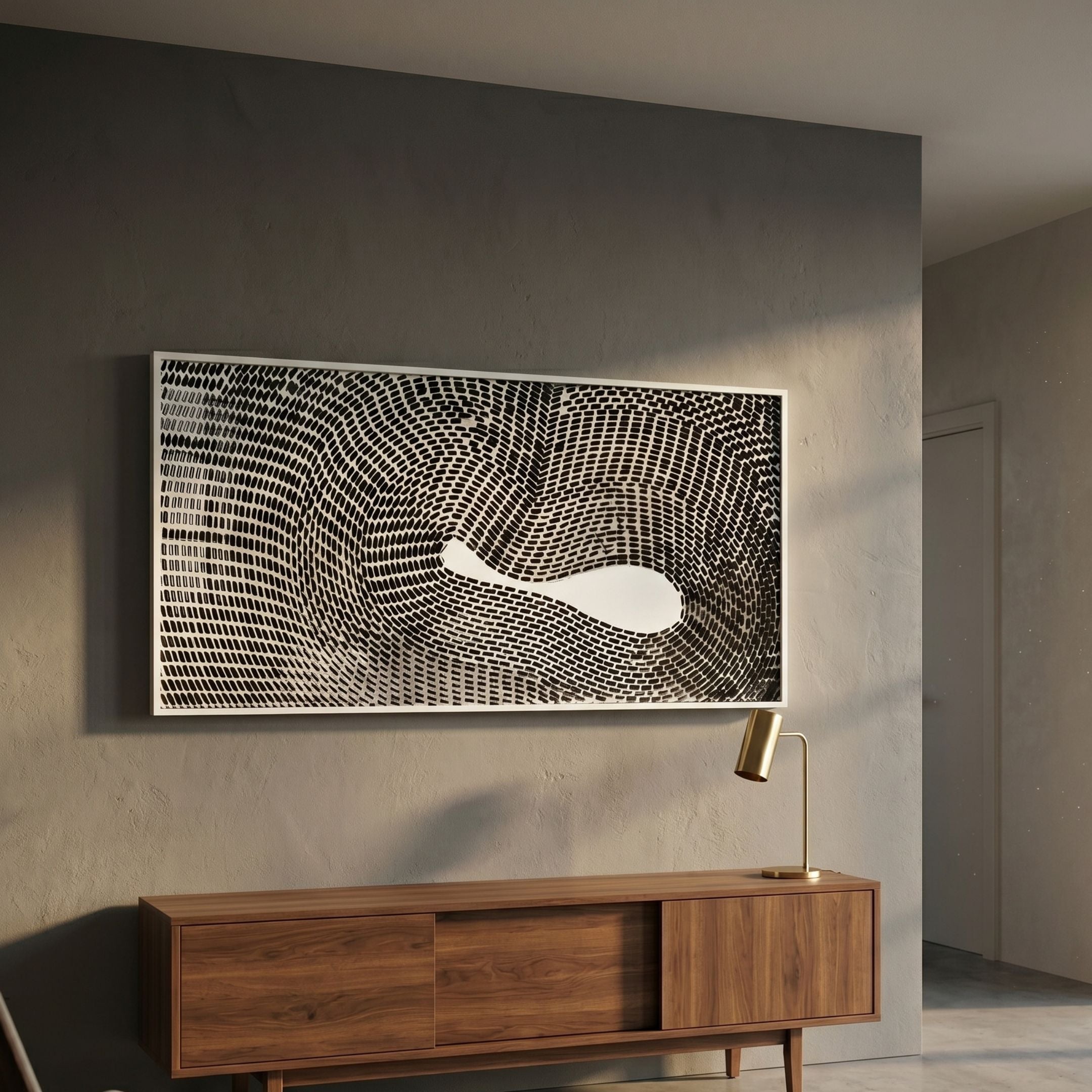 Fluxaris Black Flow Grid Acrylic 3D Wall Art by Giant Sculptures mounted above a walnut sideboard with a brass lamp in a sunlit grey-walled room.