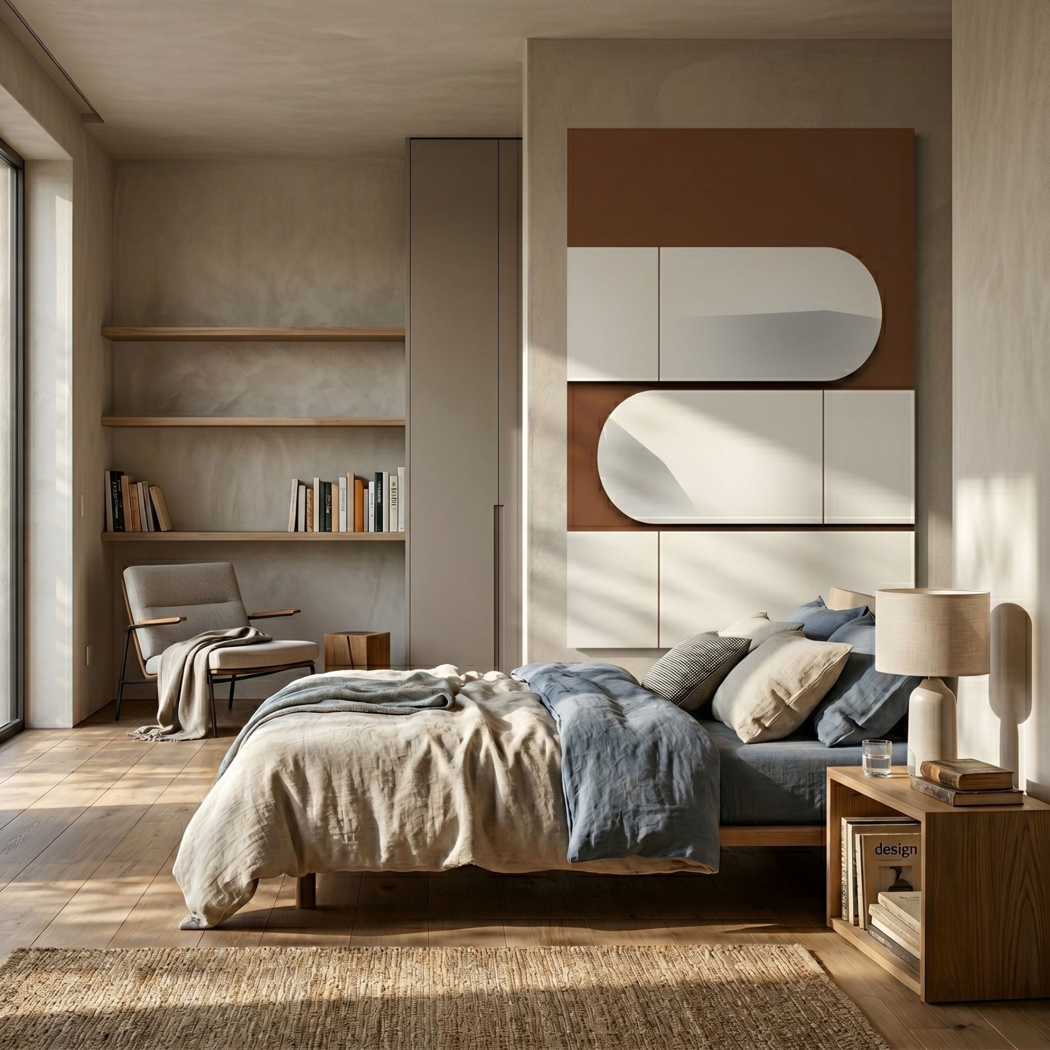 Formaire Brown & White Staggered Leather 3D Wall Art by Giant Sculptures mounted above a linen-dressed bed in a modern bedroom with oak floors and a reading chair.