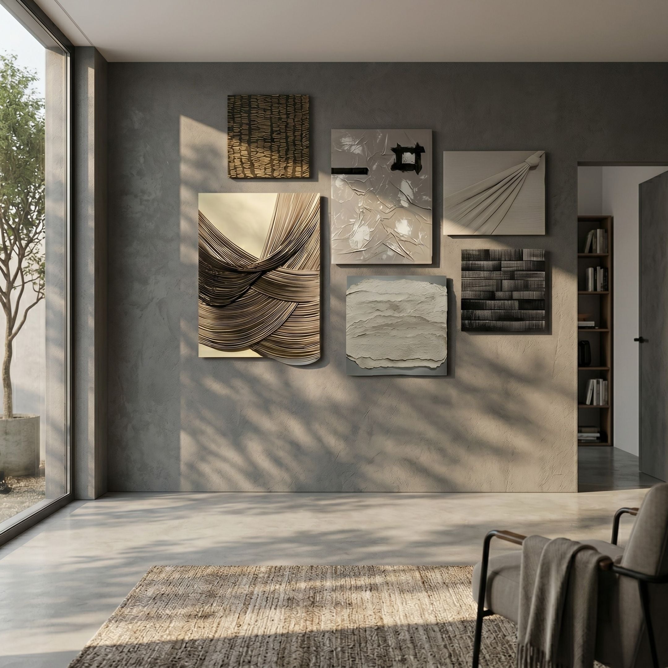 Terrisma 6-Set Dark & Sculpted Textured 3D Wall Art arranged as a gallery display in black, brown, and beige tones on a grey plaster wall in a sunlit modern room.