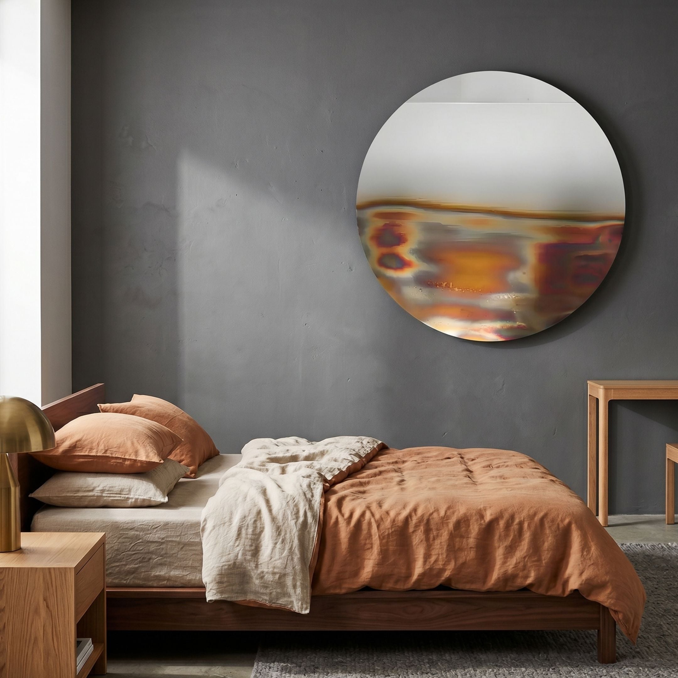 Iridia Halo II Abstract Acrylic UV Wall Art by Giant Sculptures, round silver-to-bronze gradient disc mounted on a grey bedroom wall above a terracotta-linen bed.
