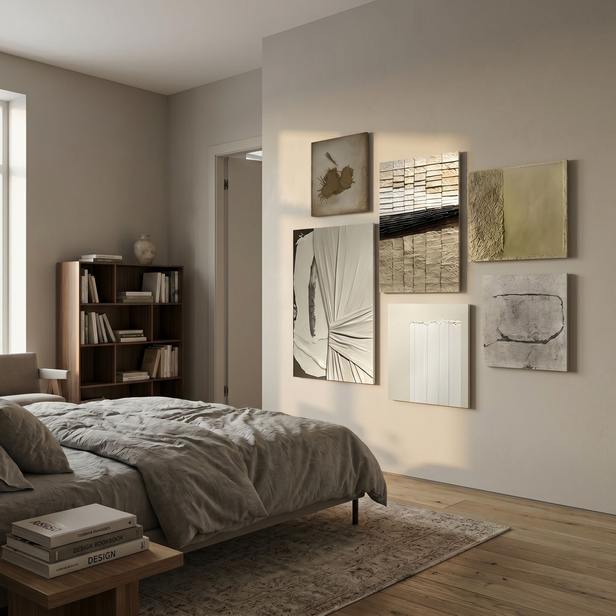 Terrisma 6-Set Textured Earth Tones 3D Wall Art by Giant Sculptures, six textured panels in beige, white, taupe, and black arranged above a bed in a neutral bedroom.