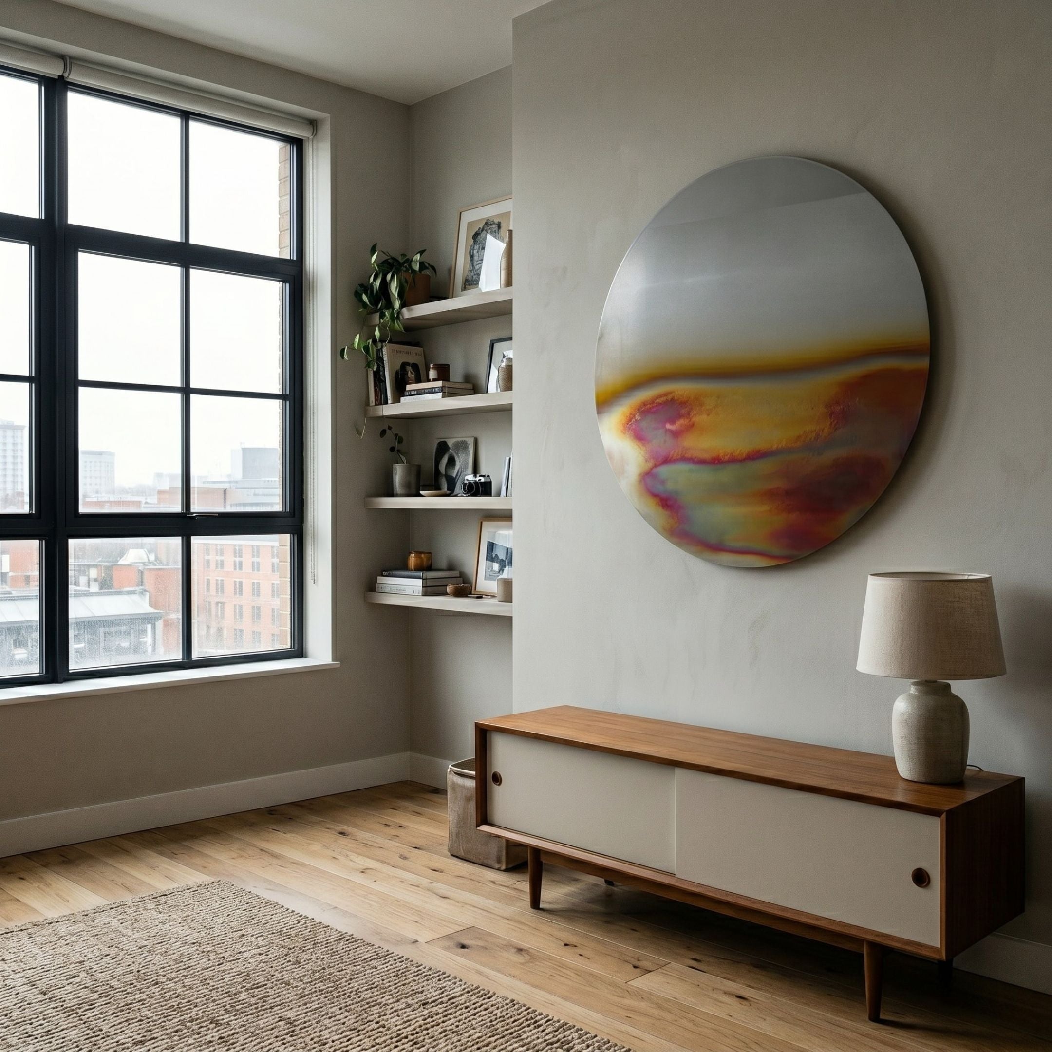 Iridia Halo I Abstract Acrylic UV Wall Art by Giant Sculptures, a circular iridescent disc in gold, copper, pink, and green, mounted above a walnut console.