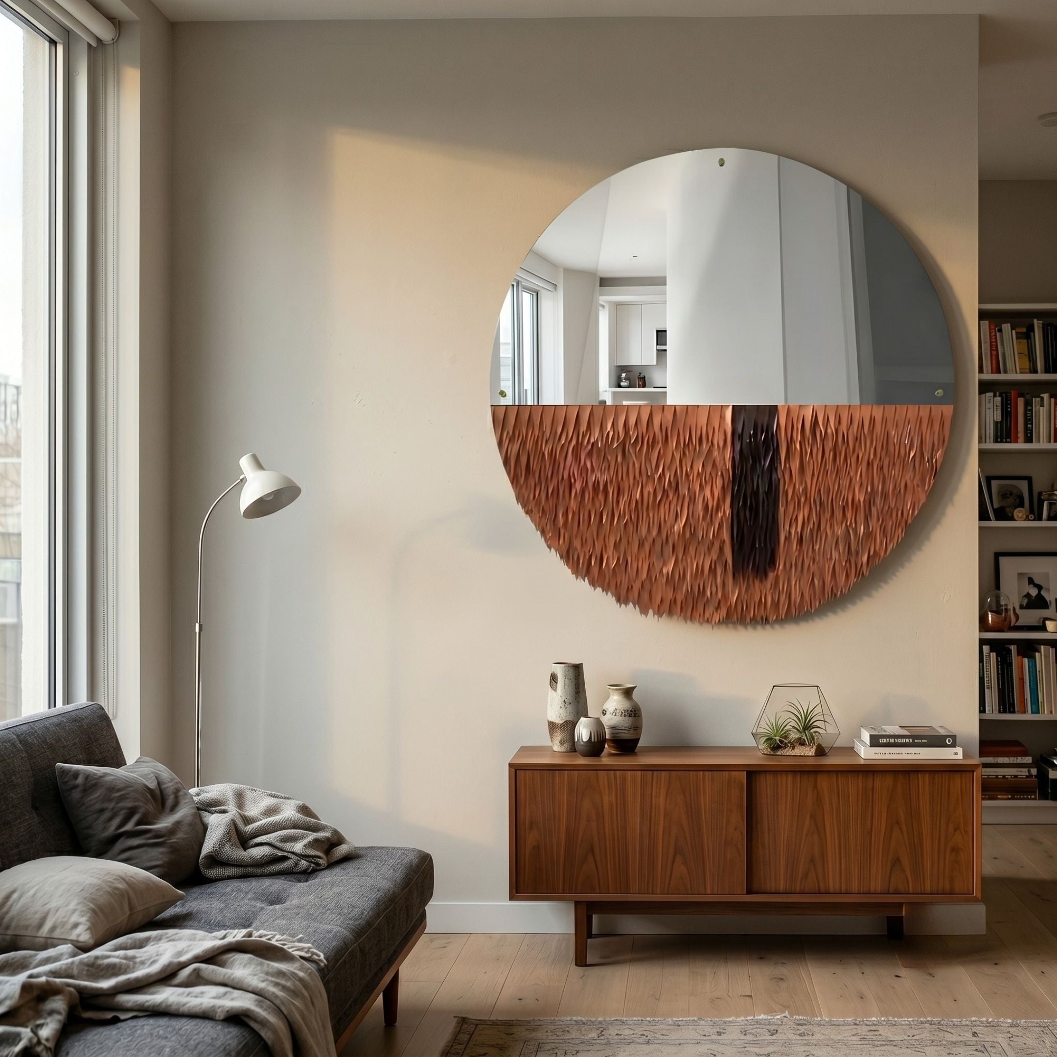Vantara Copper & Black Leather Mirror 3D Wall Art by Giant Sculptures, mounted above a walnut sideboard in a sunlit living room with floor lamp and bookshelves.