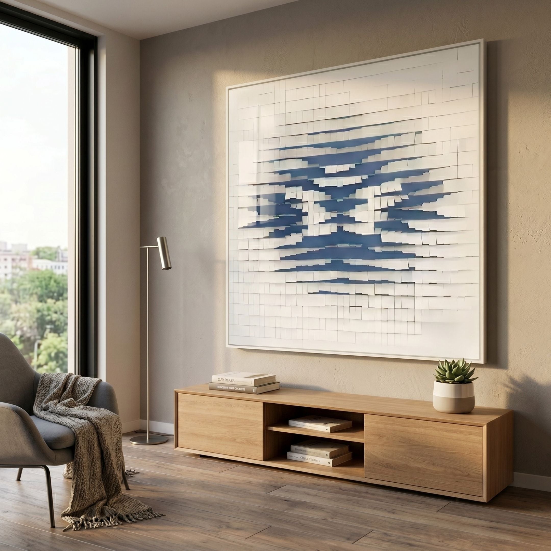 Echovia Blue Linear Square Acrylic 3D Wall Art by Giant Sculptures displayed above a wooden console in a modern living room with floor lamp and armchair.