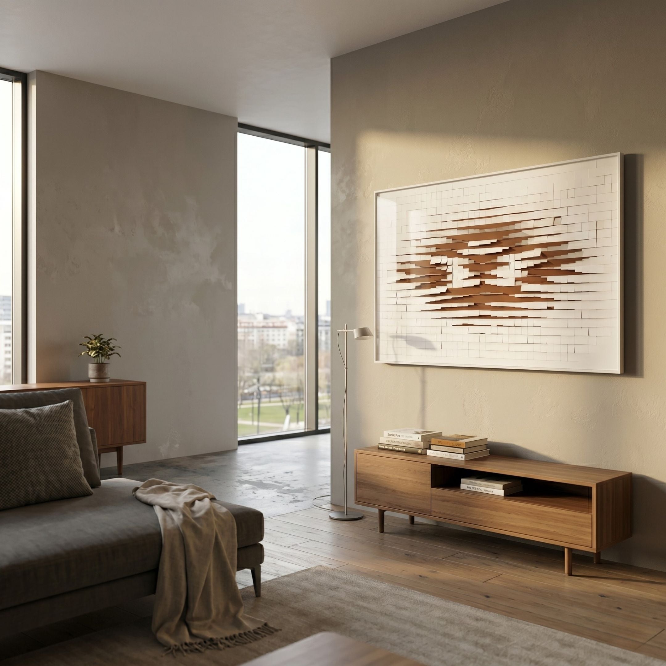 Echovia Bronze Linear Wide Acrylic 3D Wall Art by Giant Sculptures displayed above a walnut sideboard in a modern living room with floor-to-ceiling windows.