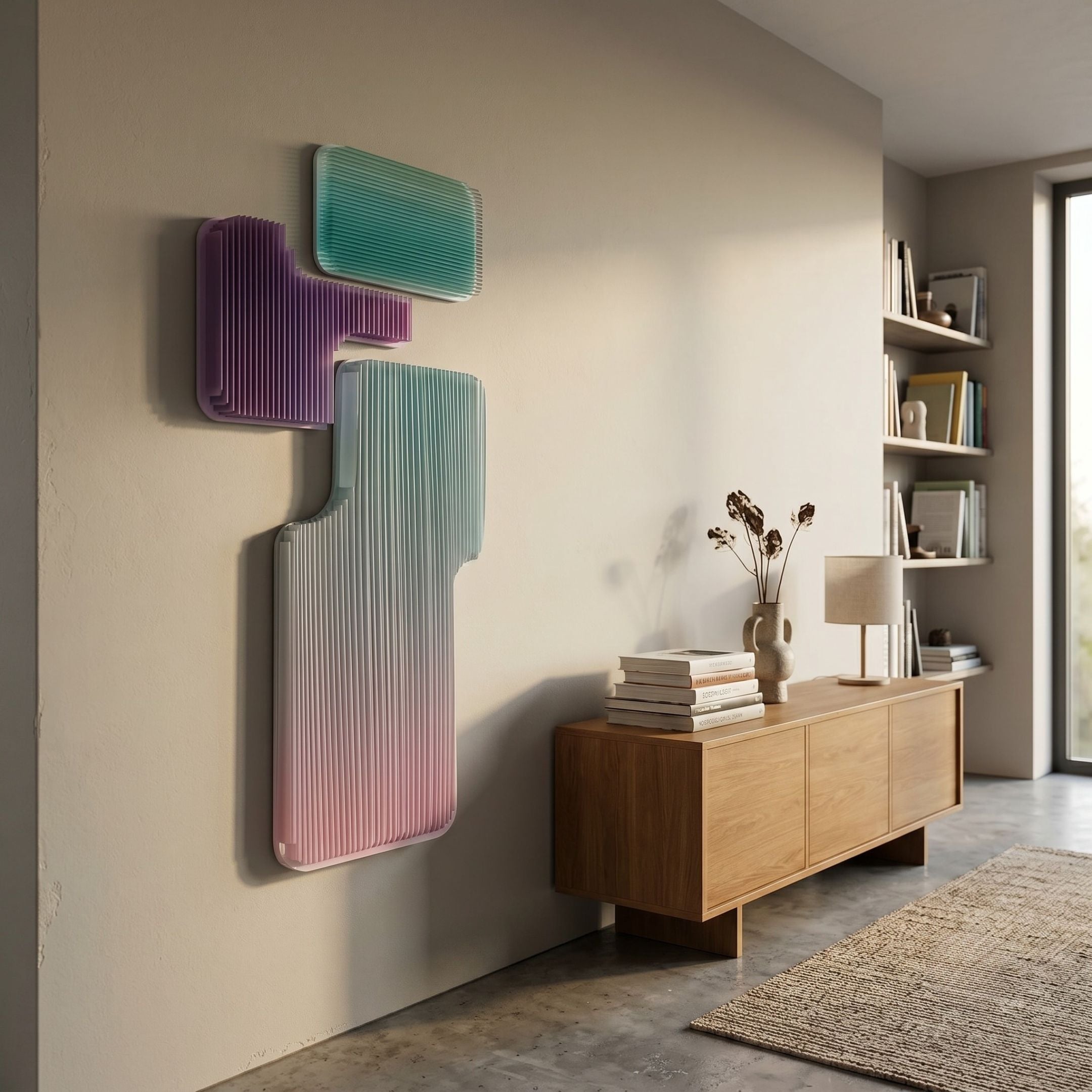 Aerivue Vertical Trio Gradient Acrylic 3D Wall Art mounted in a modern living room with pastel blue, purple, and pink ribbed forms above a wooden sideboard.