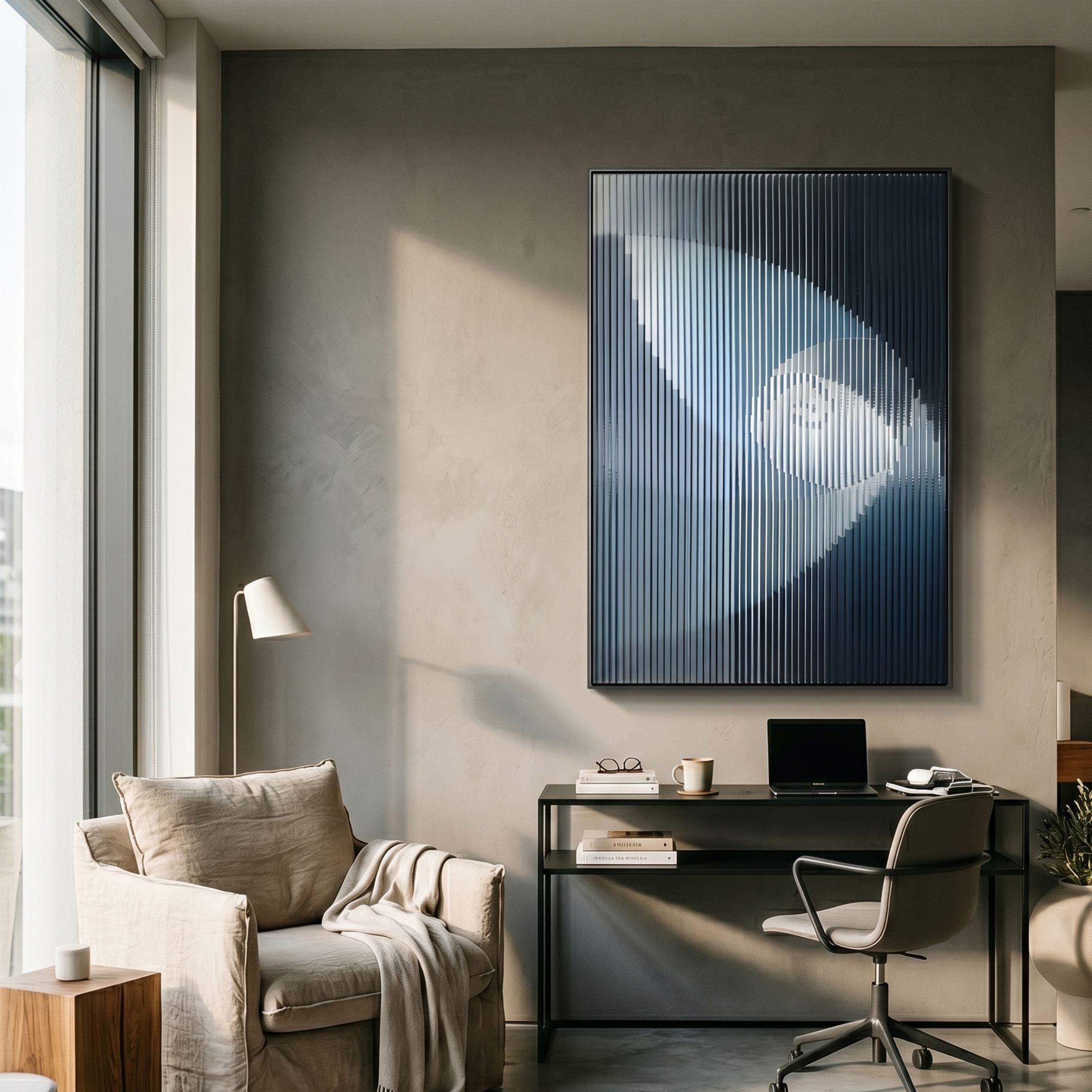 Cyclastra Blue II Optical Spiral Acrylic 3D Wall Art by Giant Sculptures mounted above a black desk and linen armchair in a sunlit modern office.