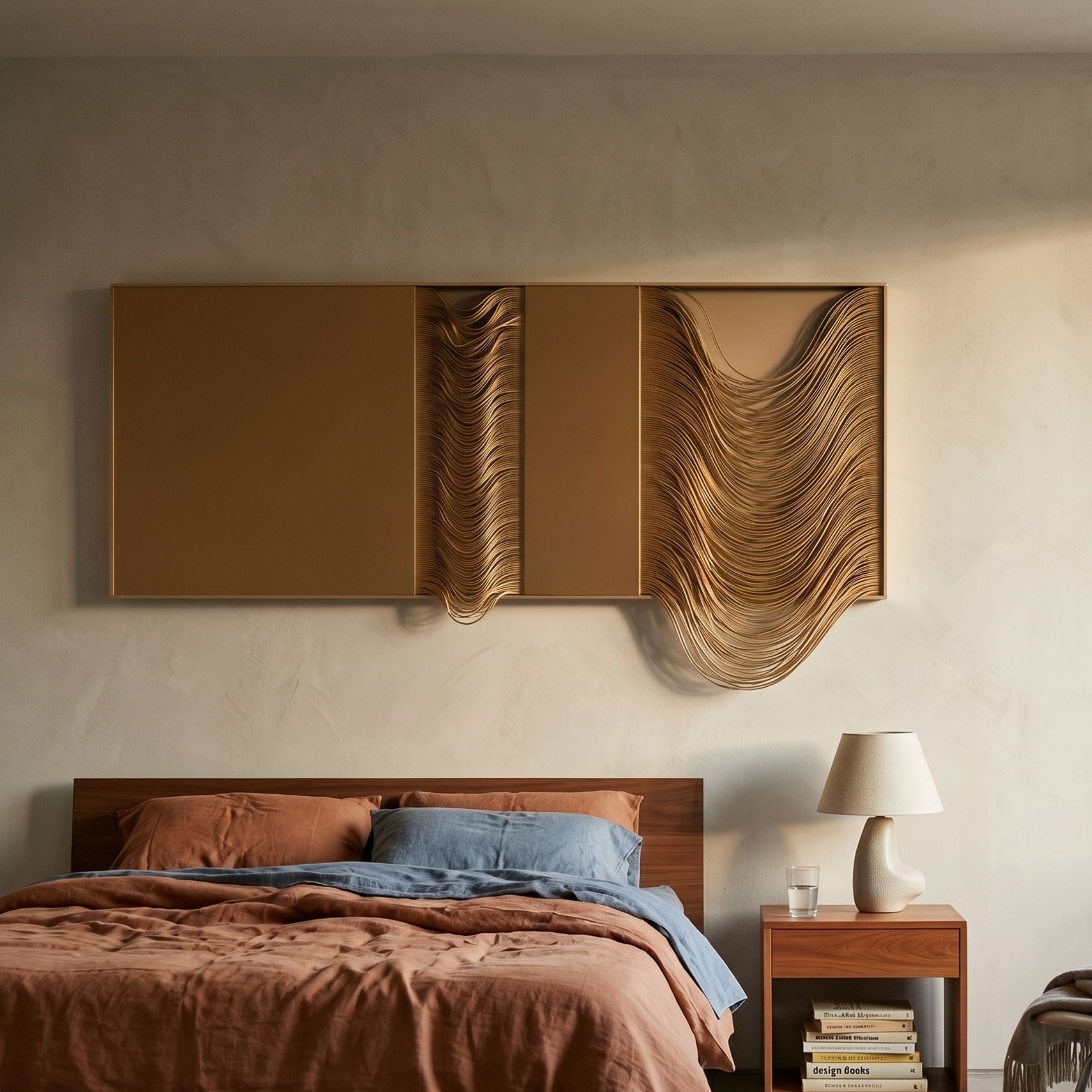 Drapelle Gold Flow Layered Leather 3D Wall Art by Giant Sculptures mounted above a wooden bed with rust and blue linens, beside a nightstand and lamp.