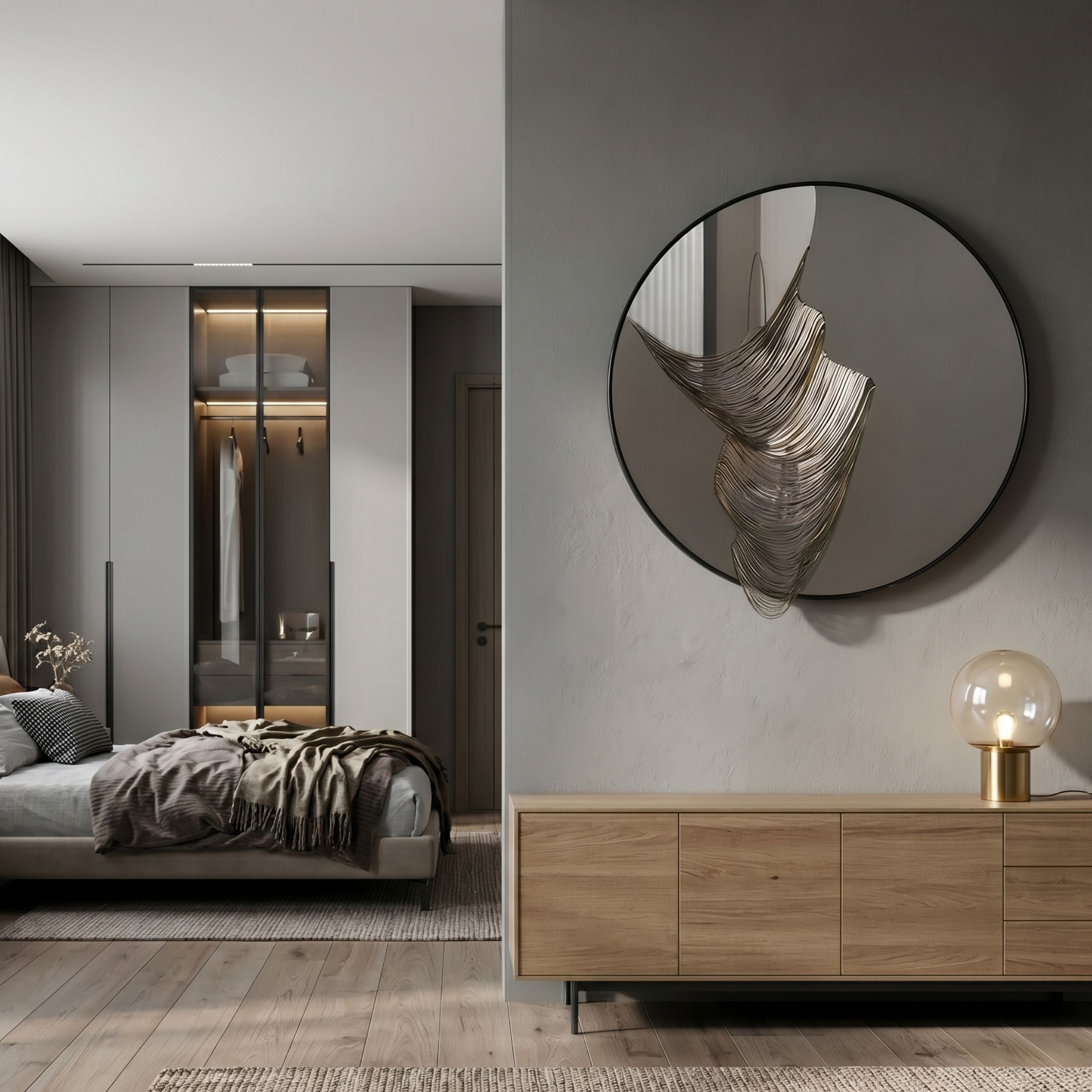 Rivelune Warm Grey Sculptural Round Mirror 3D Wall Art by Giant Sculptures mounted above a wooden sideboard with a globe lamp, beside a modern bedroom.