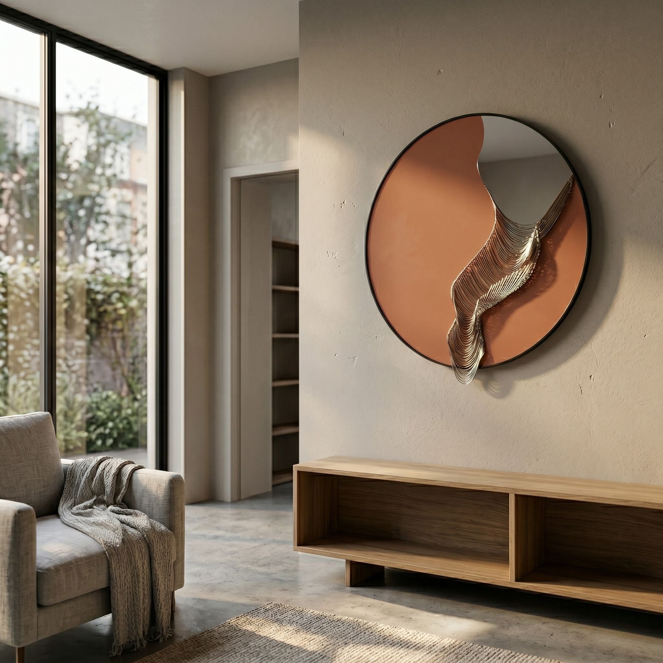 Rivelune Rust Sculptural Round Mirror 3D Wall Art by Giant Sculptures, mounted in a modern living room above a wooden console beside a linen armchair and garden window.