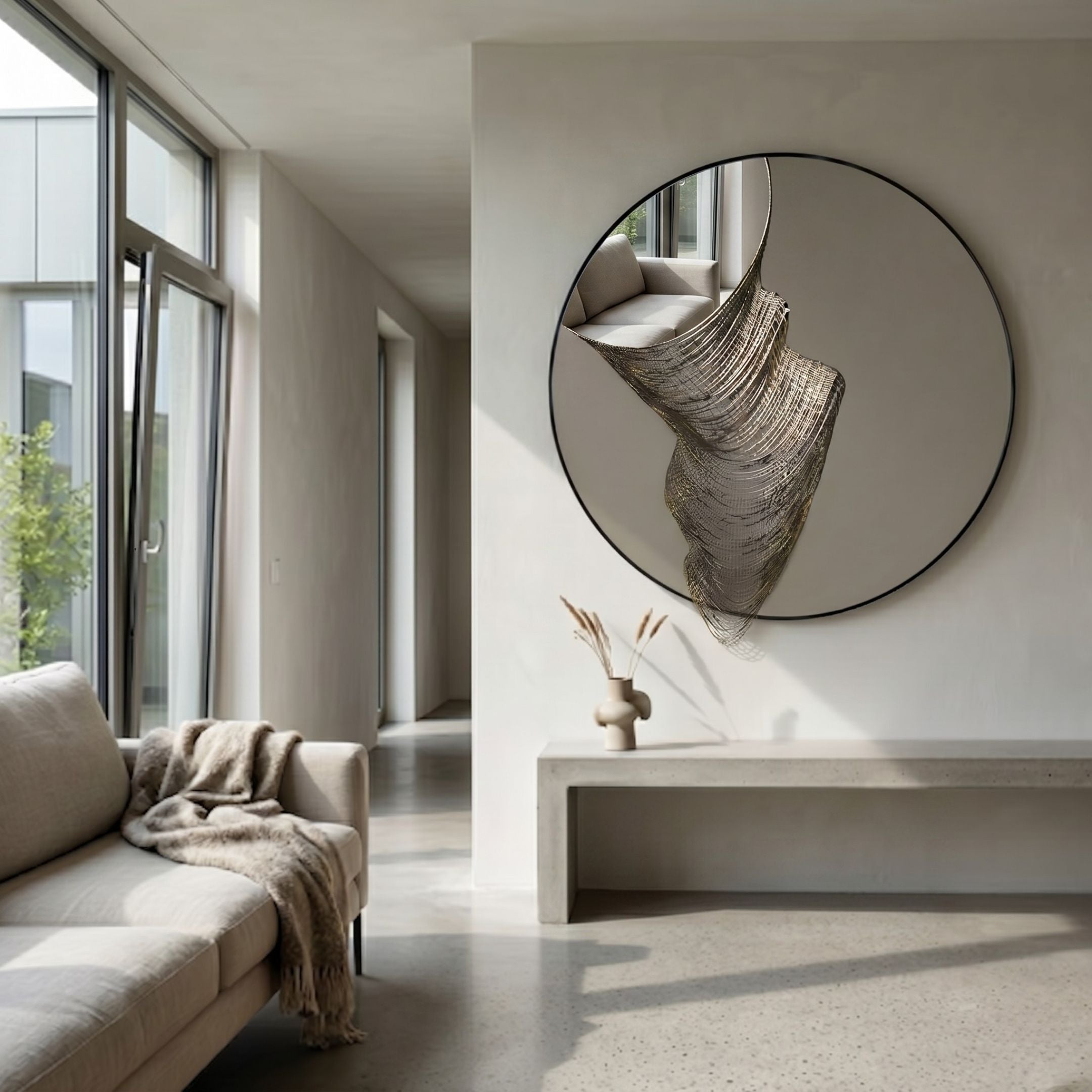 Rivelune Smoke Silver Sculptural Round Mirror 3D Wall Art mounted above a concrete bench in a minimalist living room with a beige sofa and pampas vase.