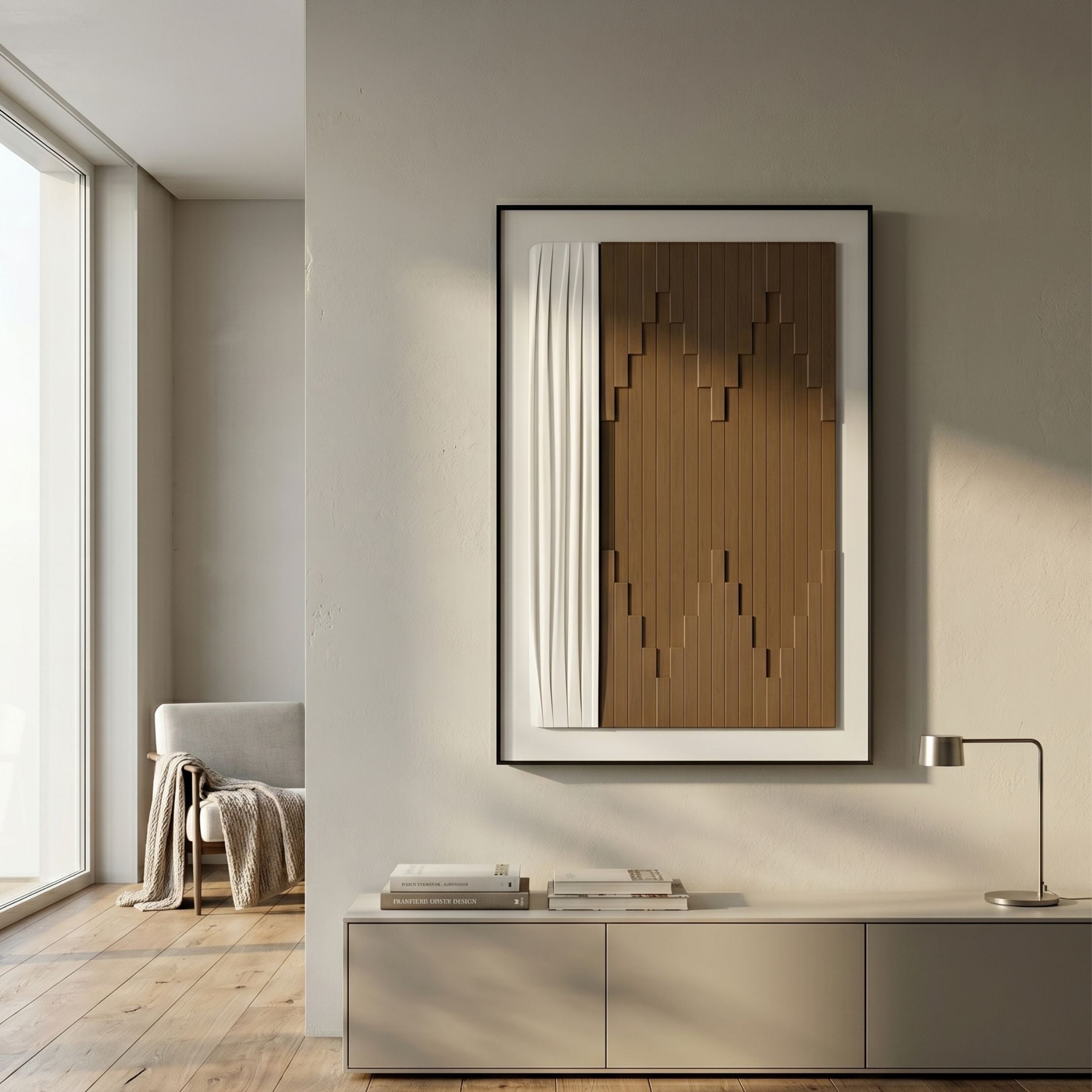 Trivaro Brown Panel II Wood Carving 3D Wall Art by Giant Sculptures mounted above a taupe console in a minimalist living room with armchair and lamp.
