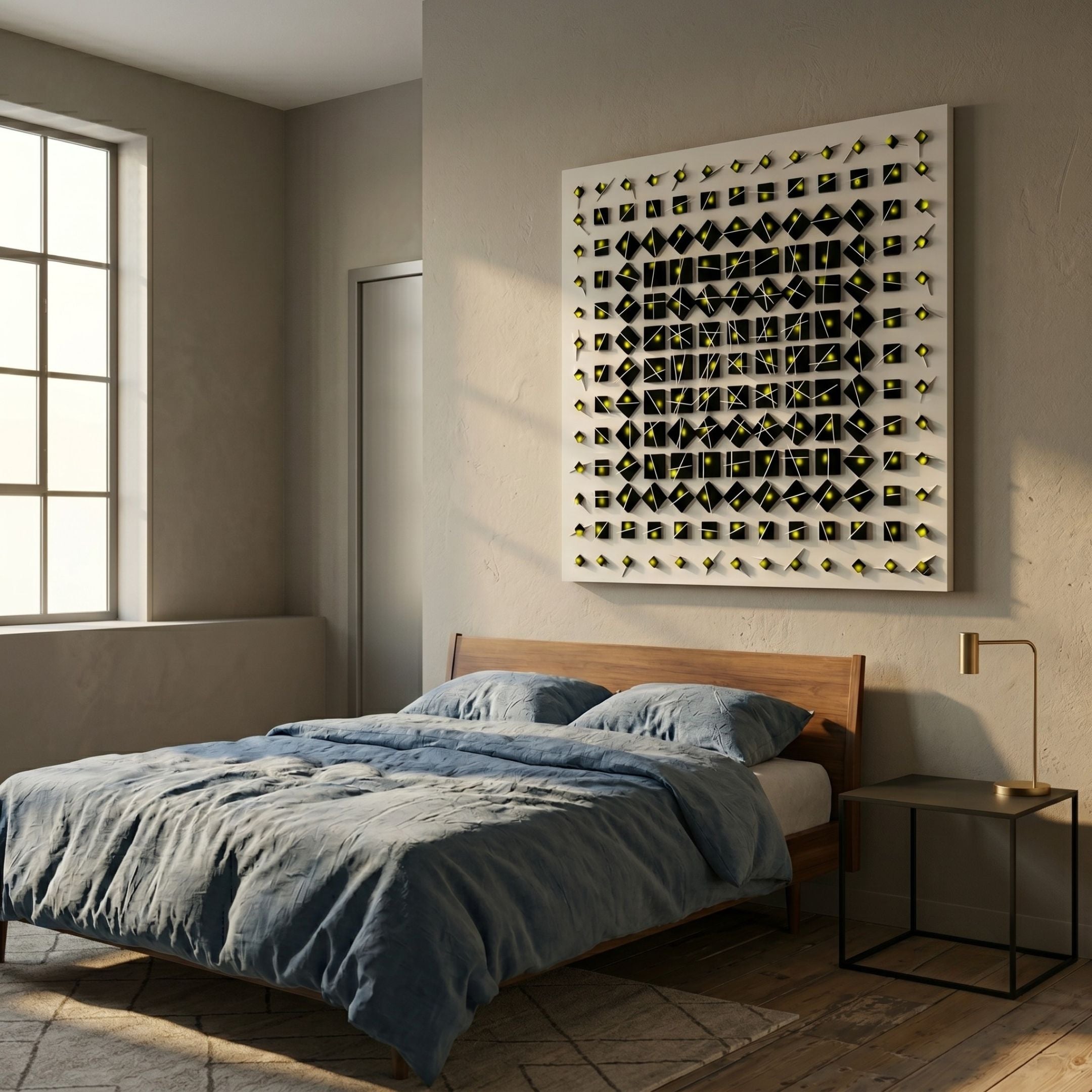 Quanta Yellow & Black Wood Block Acrylic 3D Wall Art mounted above a wooden bed with blue linens in a sunlit bedroom with a brass lamp and side table.