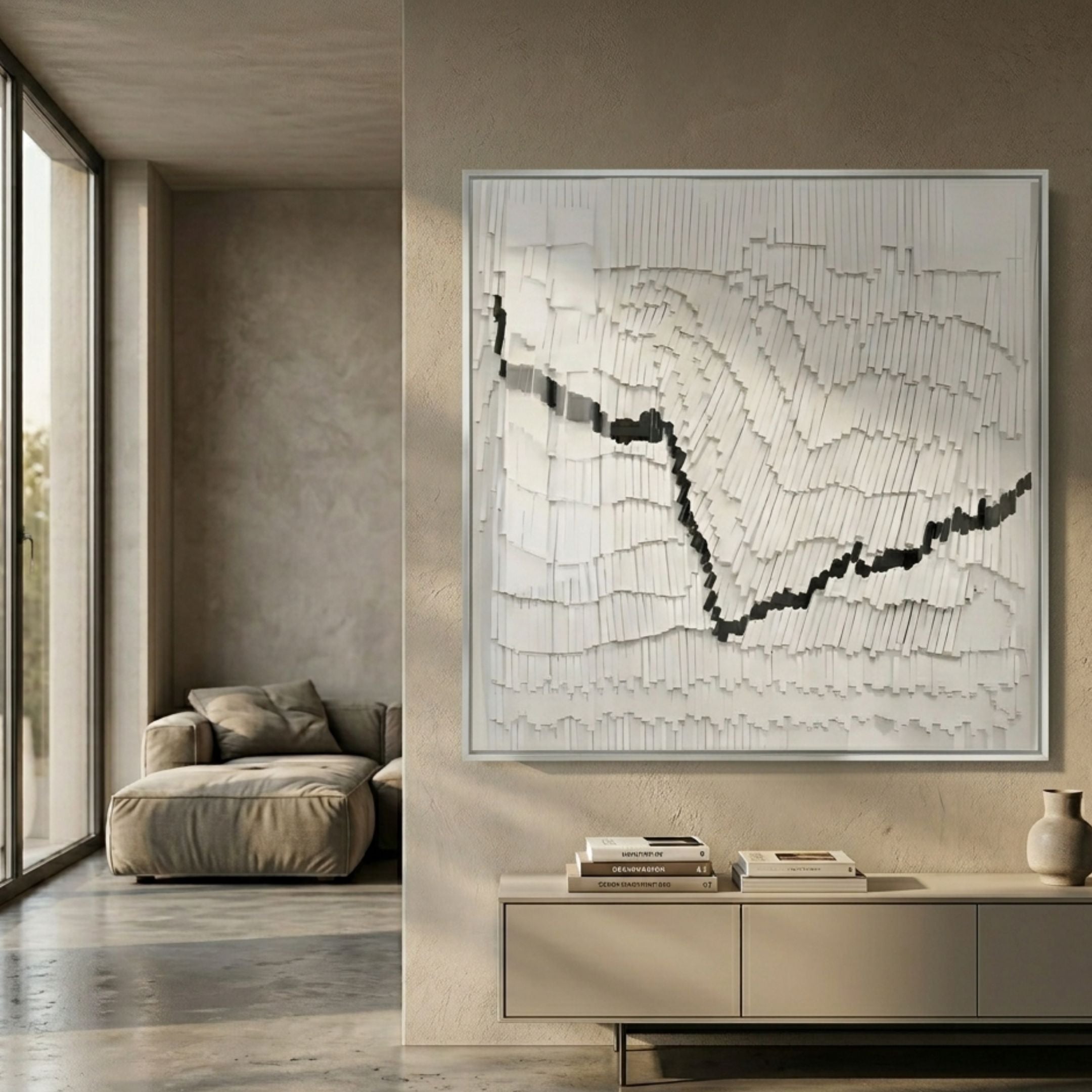 Virelline White & Black Framed Acrylic 3D Wall Art with layered paper wave relief and black line, displayed in a minimalist beige living room.