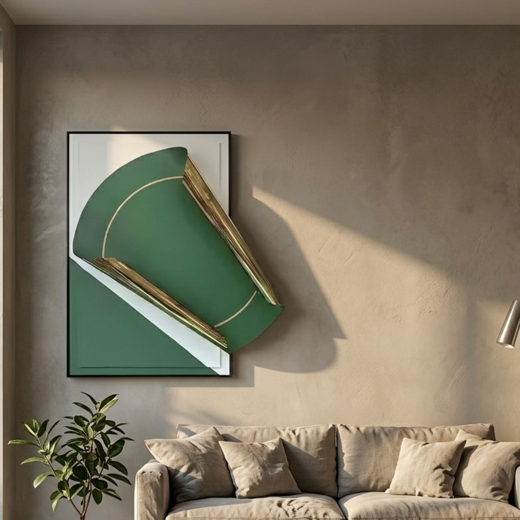 Valmeris Vertical Green Fold Sculptural Metal 3D Wall Art by Giant Sculptures displayed above a beige linen sofa in a warm, sunlit living room.