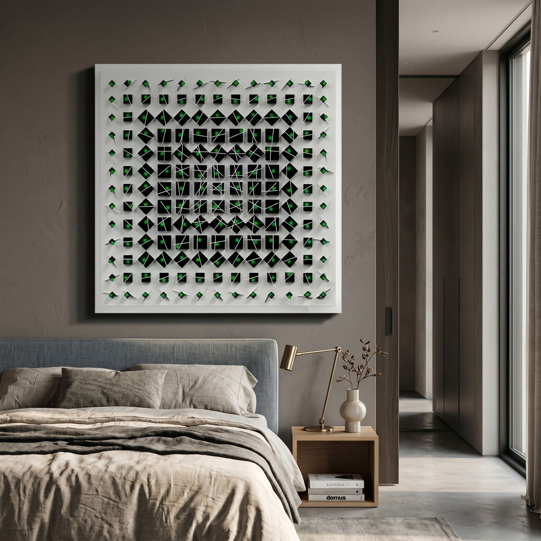 Quanta Green & Black Wood Block Acrylic 3D Wall Art by Giant Sculptures mounted above a grey upholstered bed with linen bedding and a wooden bedside table.