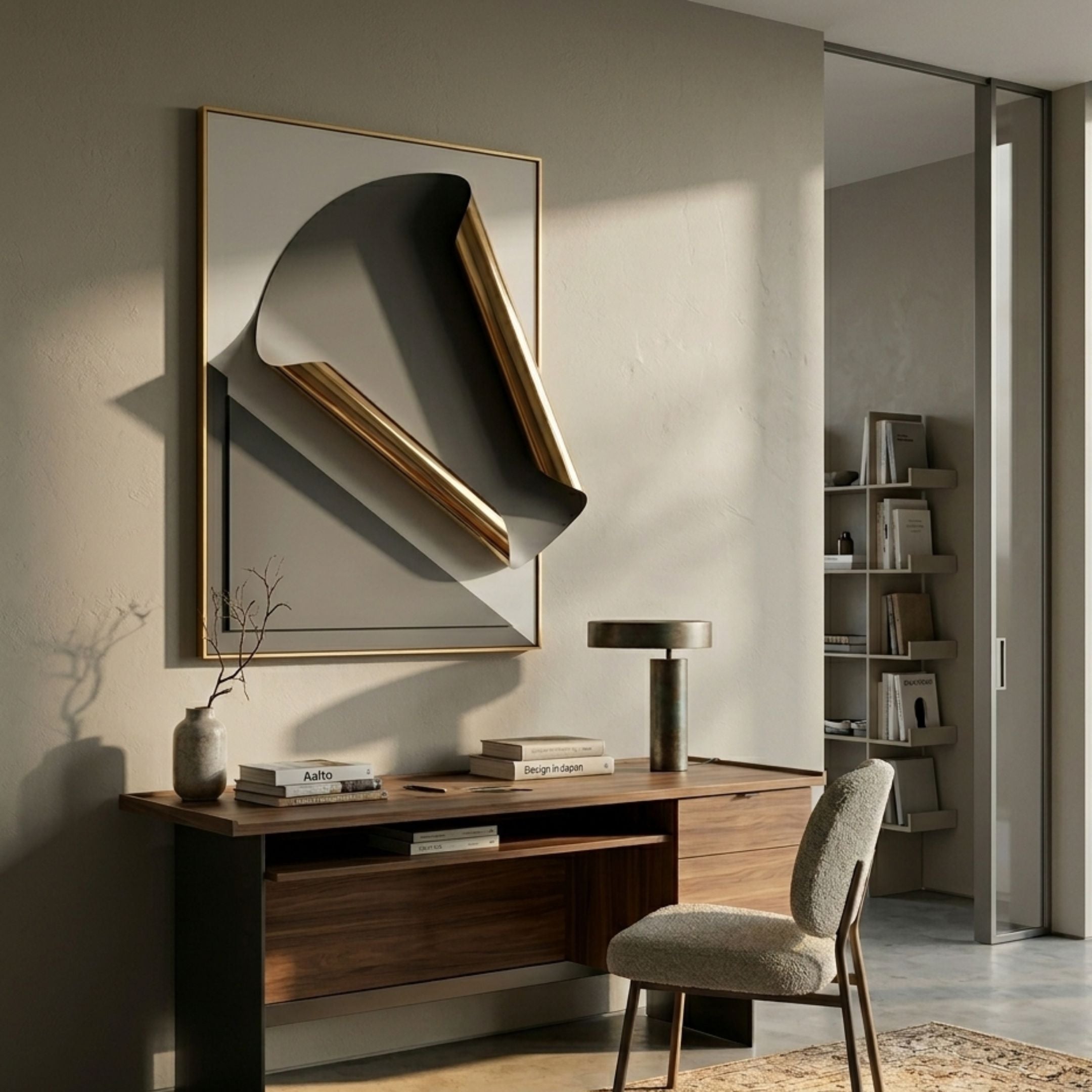 Valmeris Vertical Grey Fold Sculptural Metal 3D Wall Art by Giant Sculptures mounted above a walnut desk with books, lamp, and boucle chair in a modern study.