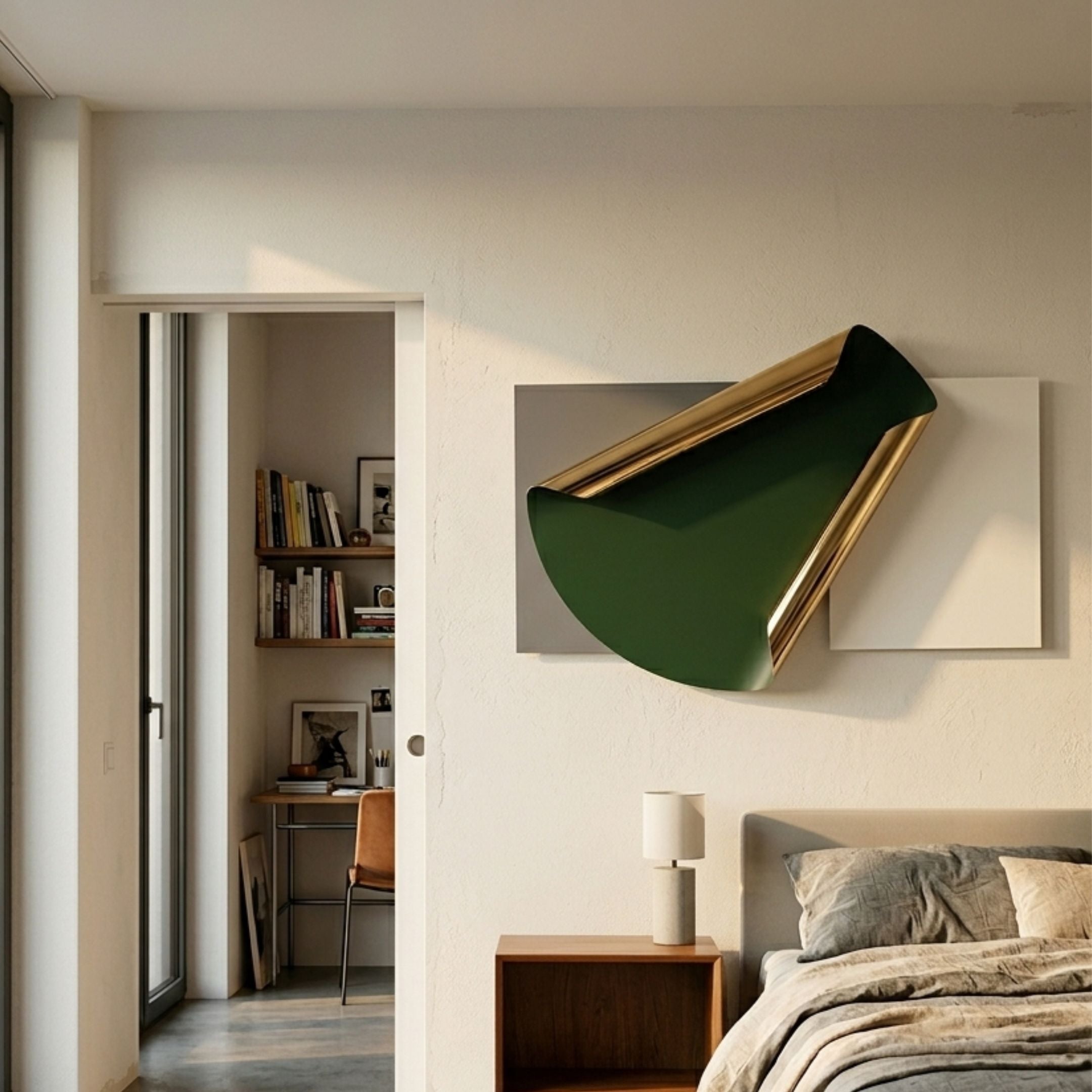 Valmeris Emerald Fold Sculptural Metal 3D Wall Art with curved emerald and gold iron form on grey and ivory leather panels, mounted in a modern bedroom.