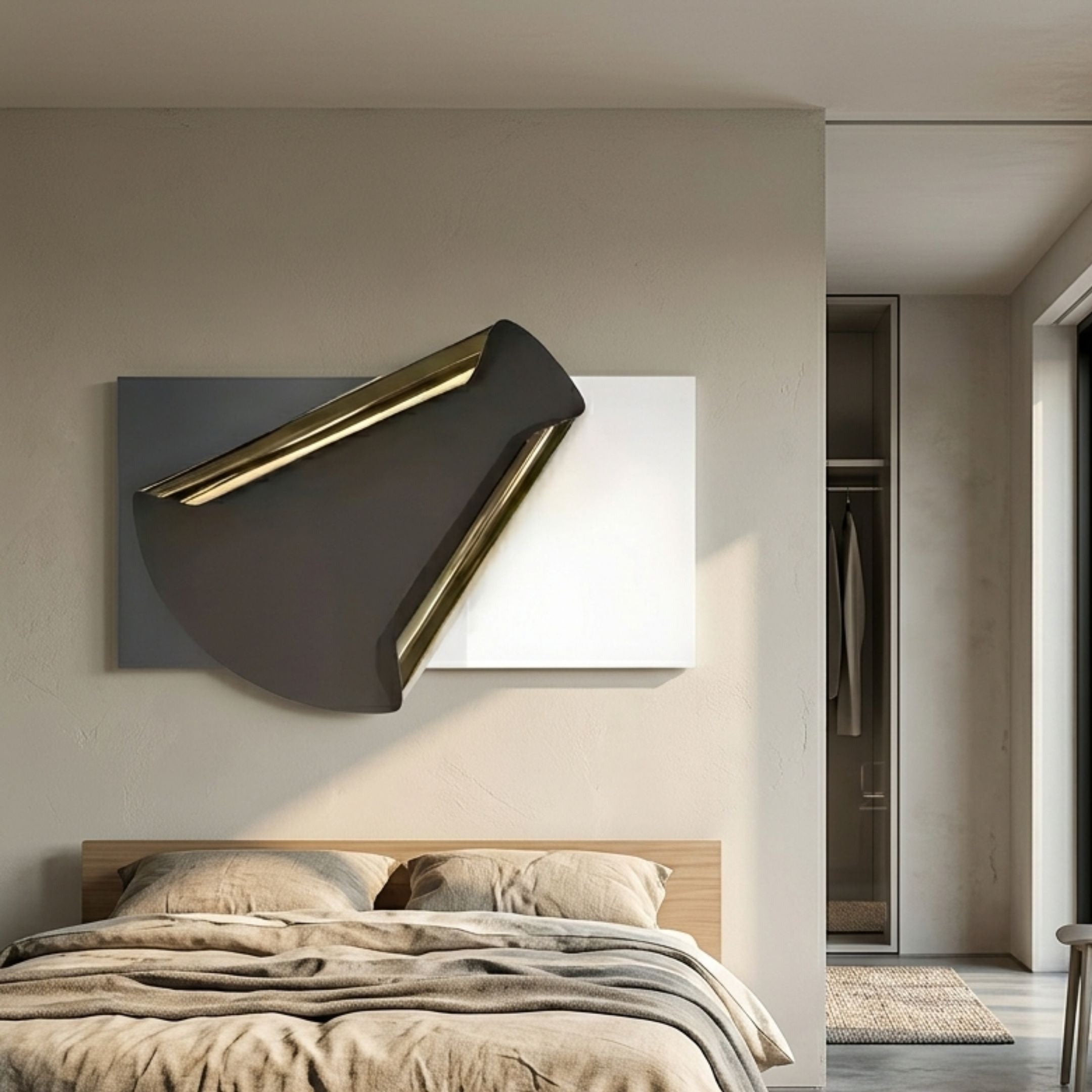 Valmeris Charcoal Fold Sculptural Metal 3D Wall Art by Giant Sculptures, with gold-trimmed curved iron over grey and white leather panels, above a bed.