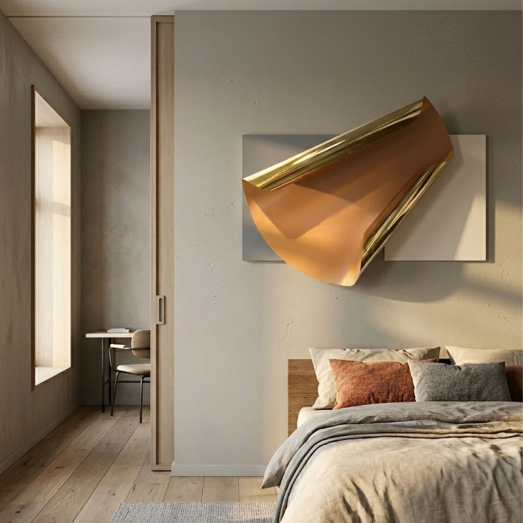 Valmeris Amber Fold Sculptural Metal 3D Wall Art mounted above a wooden bed with linen pillows in a modern bedroom with pale grey walls and oak flooring.