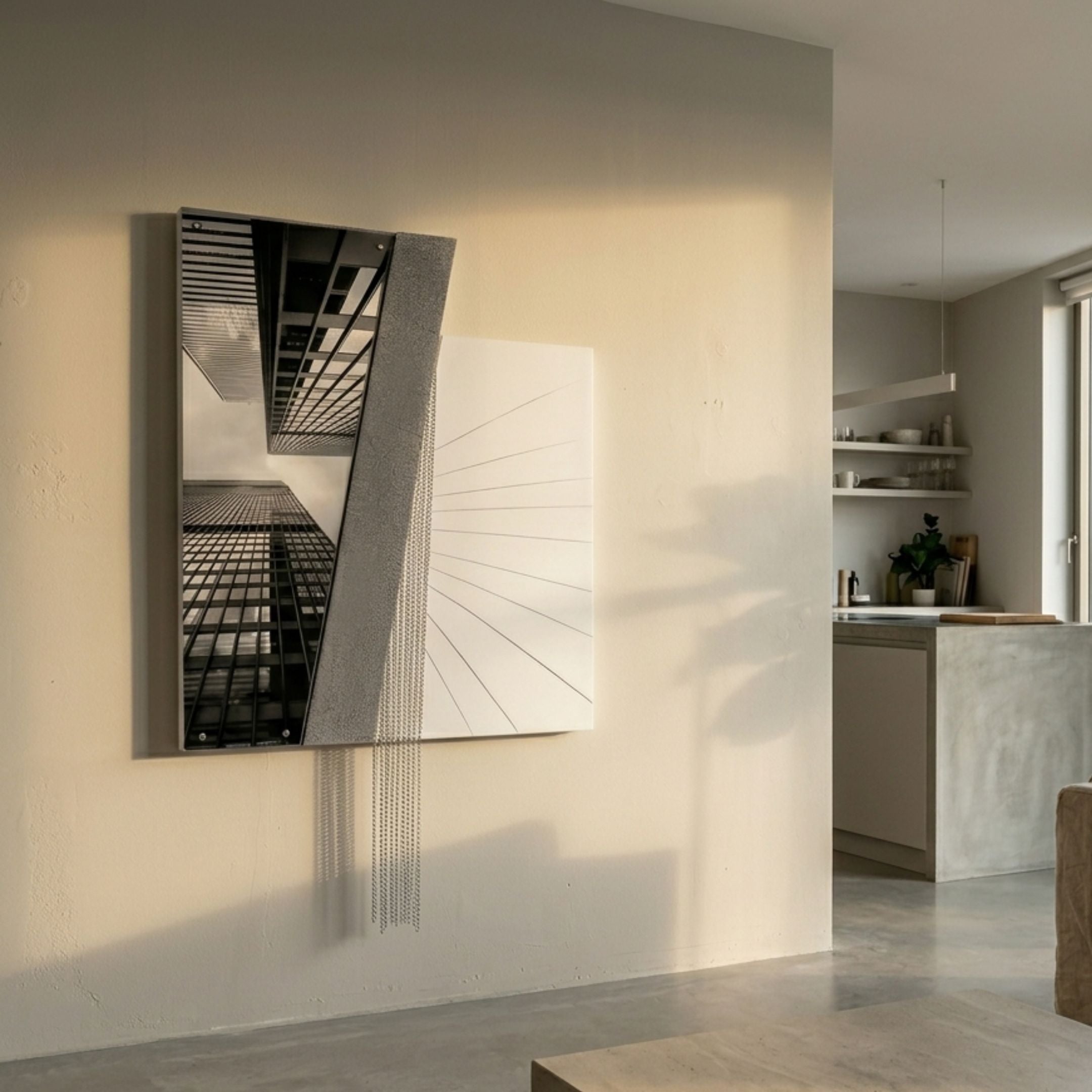 Urbis Black & White Skyline Chain Leather 3D Wall Art by Giant Sculptures, mounted on a pale wall beside a modern kitchen with concrete island and open shelving.
