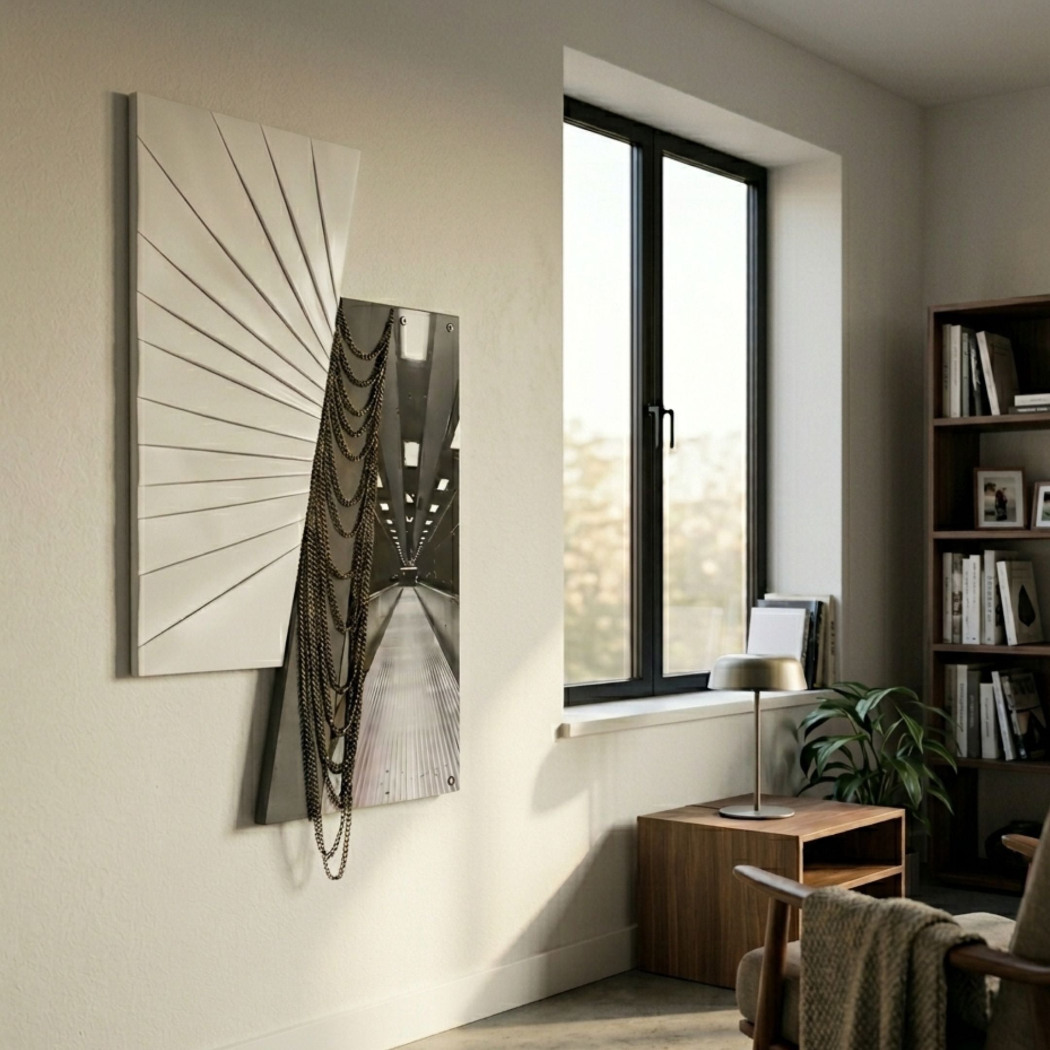 Urbis Black & White Tunnel Chain Leather 3D Wall Art by Giant Sculptures mounted on a pale wall beside a window, near a bookshelf and side table.