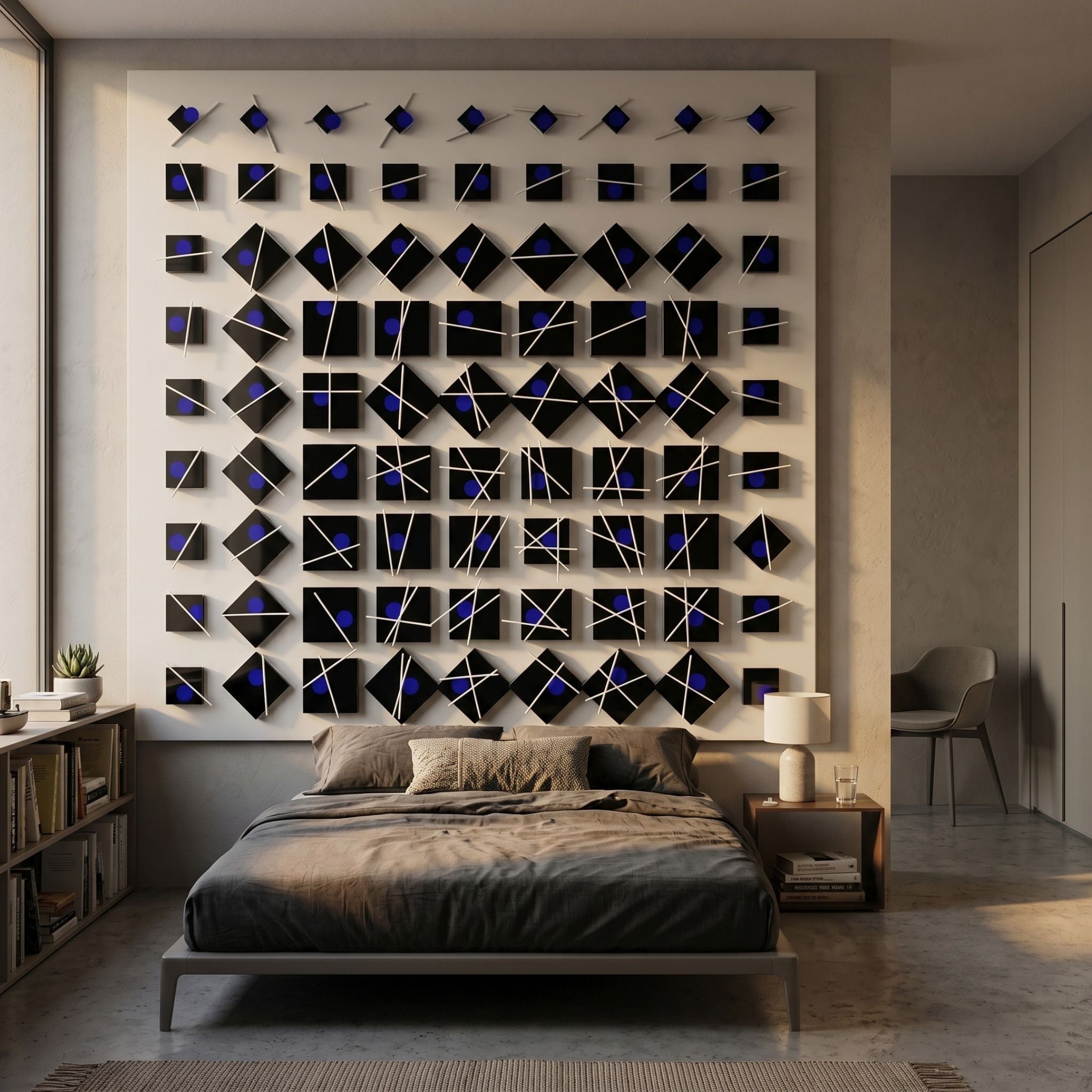 Quanta Blue & Black Wood Block Acrylic 3D Wall Art by Giant Sculptures mounted above a low platform bed in a modern bedroom with bookshelf and chair.