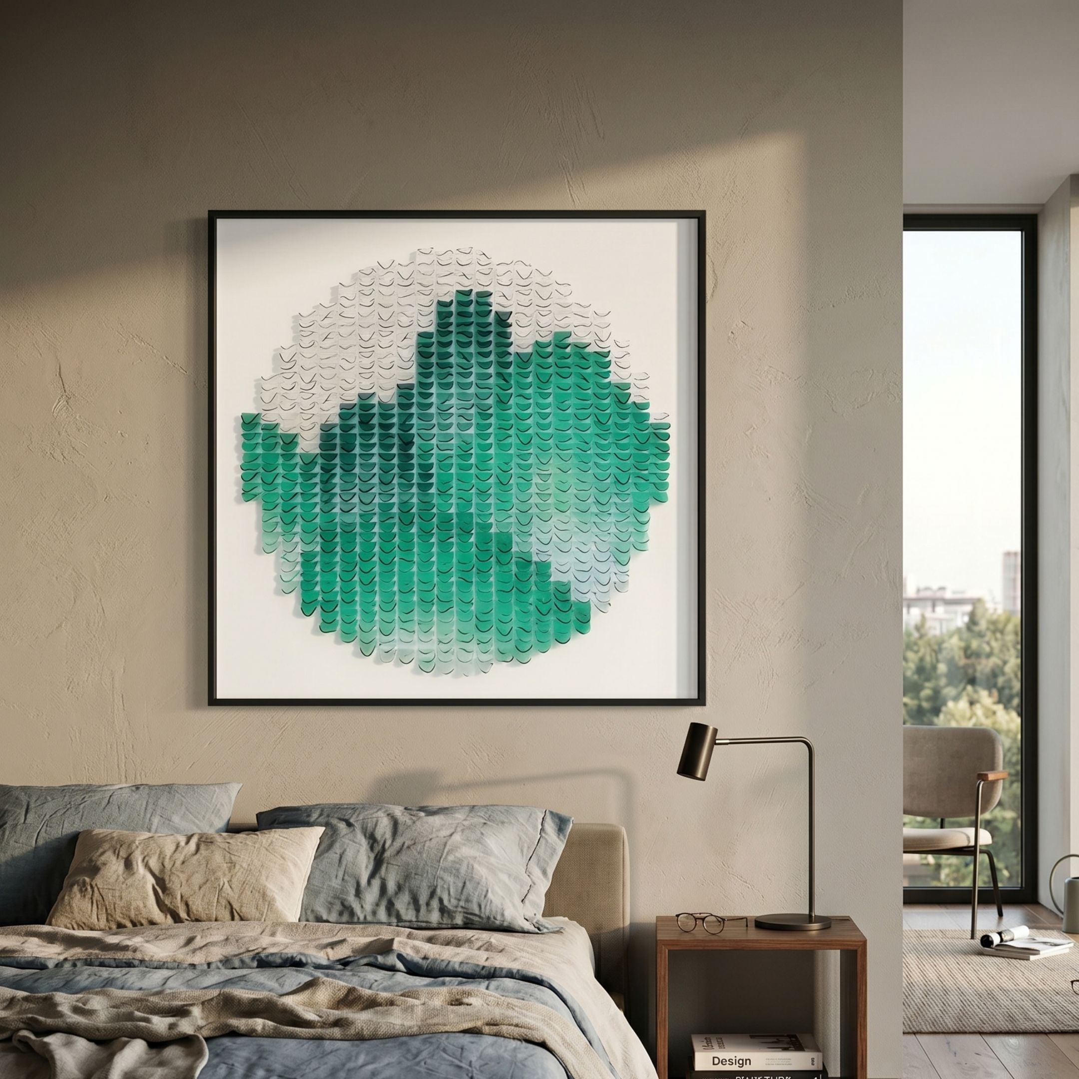 Montava Green Mountain Round Acrylic 3D Wall Art by Giant Sculptures displayed above a linen-dressed bed with bedside lamp in a modern beige bedroom.