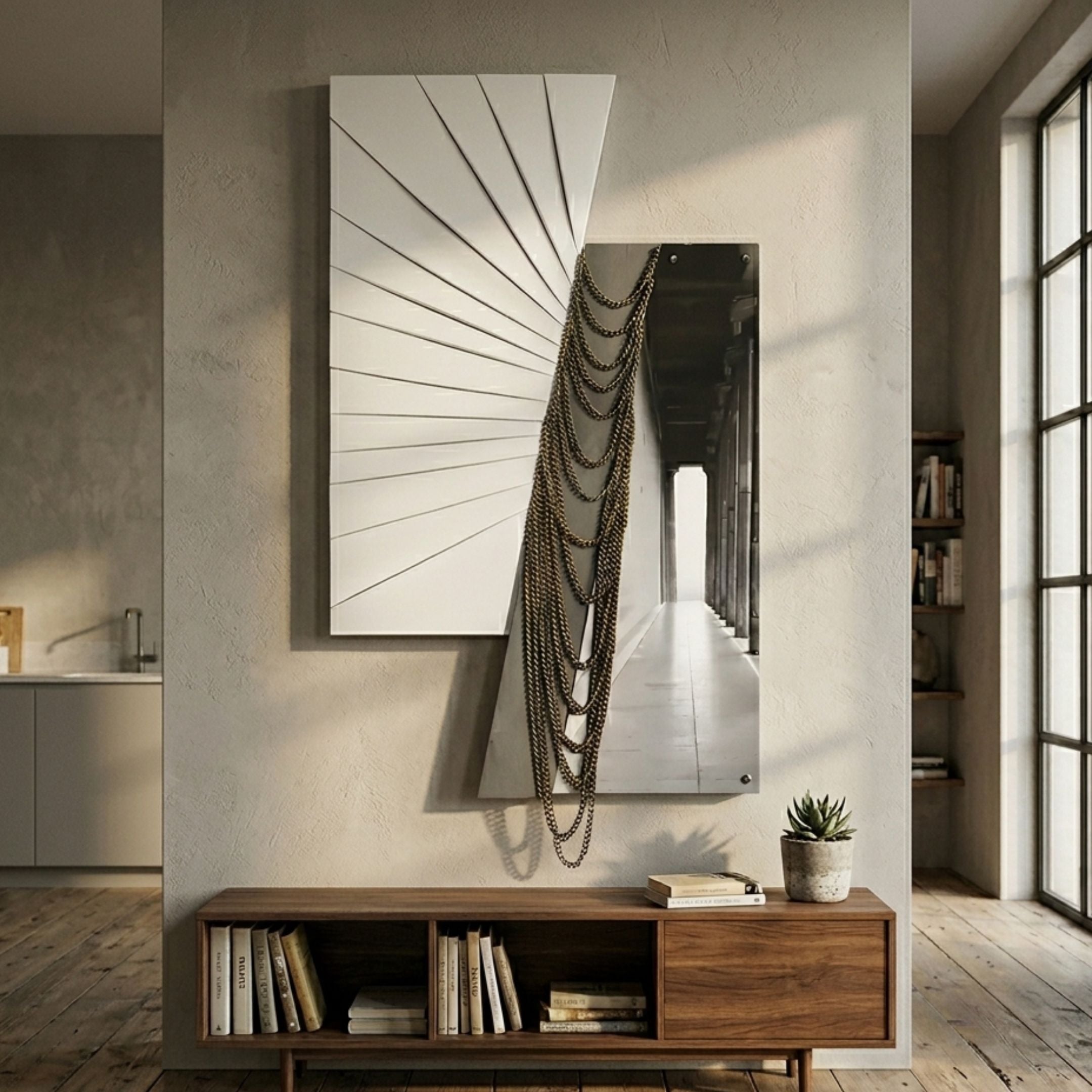 Urbis Black & White Corridor View Leather 3D Wall Art by Giant Sculptures displayed above a wooden console in a modern hallway with plant and books.