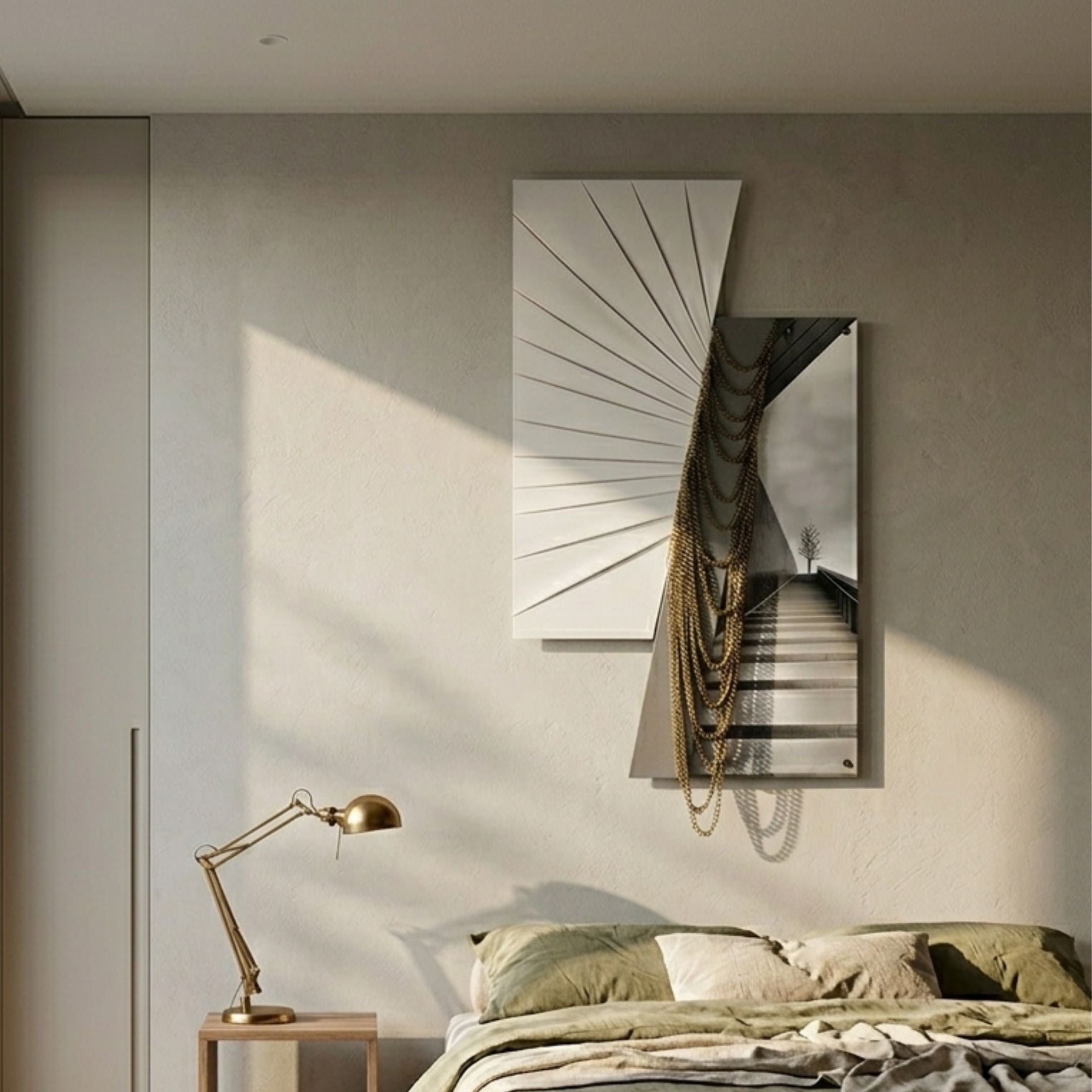 Urbis Black & White Treewalk Chain Leather 3D Wall Art by Giant Sculptures, mounted above a bed with brass lamp, showing angled monochrome stairway panels draped in gold chains.