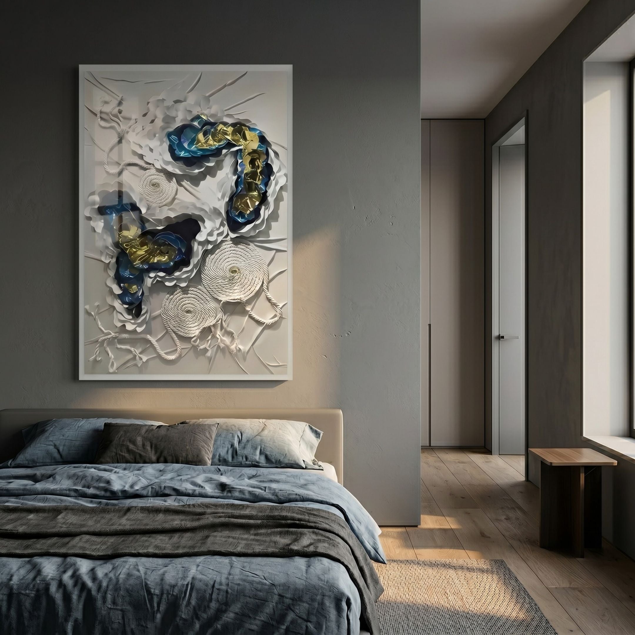 Pearlash Coral Nest Mixed Media 3D Wall Art with white paper, coiled rope, blue and gold foil accents displayed above a bed in a grey bedroom.