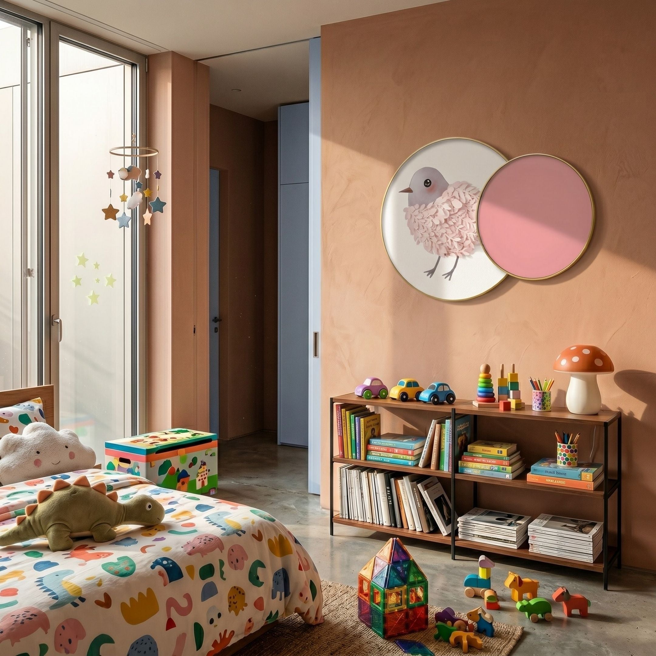 Blossomkin Pink Petal Bird Kids 3D Wall Art by Giant Sculptures, two gold-rimmed overlapping discs on a terracotta wall above a child's bookshelf and toys.