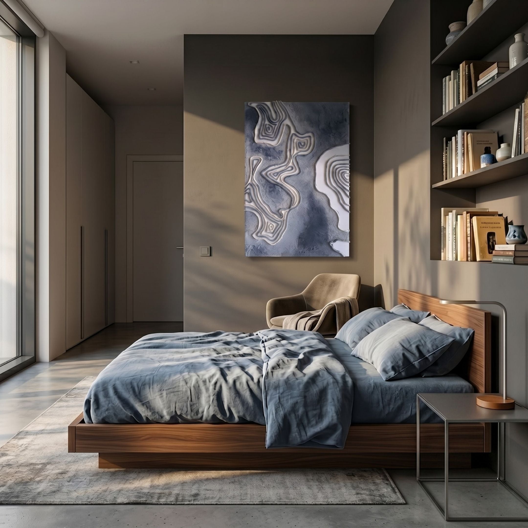 Terracore Grey Contour Relief Abstract 3D Wall Art by Giant Sculptures displayed above a walnut bed with blue linen in a modern bedroom beside bookshelves.