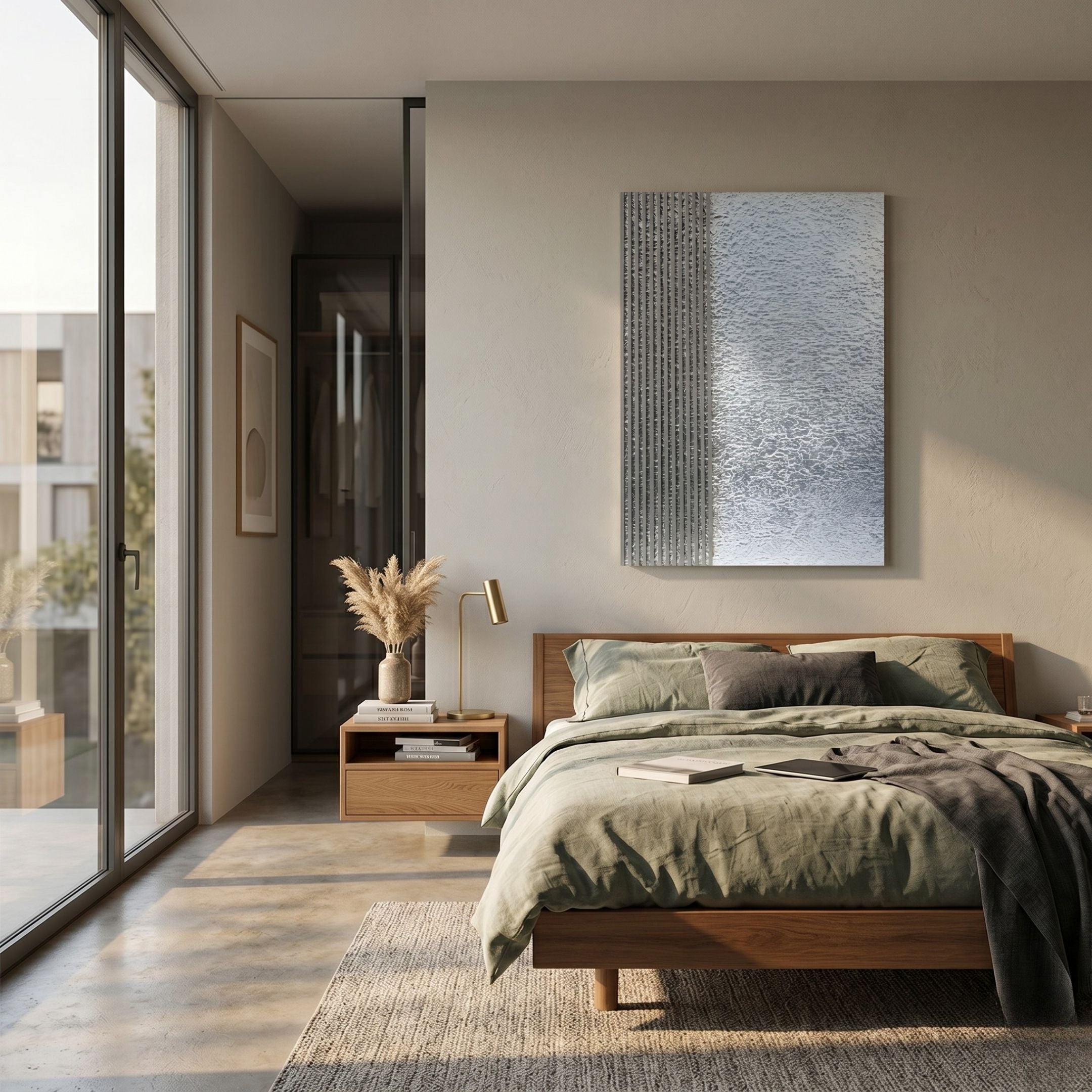 Metallure Silver Linear Textured Acrylic 3D Wall Art by Giant Sculptures displayed above a wooden bed with sage green linen in a sunlit modern bedroom.